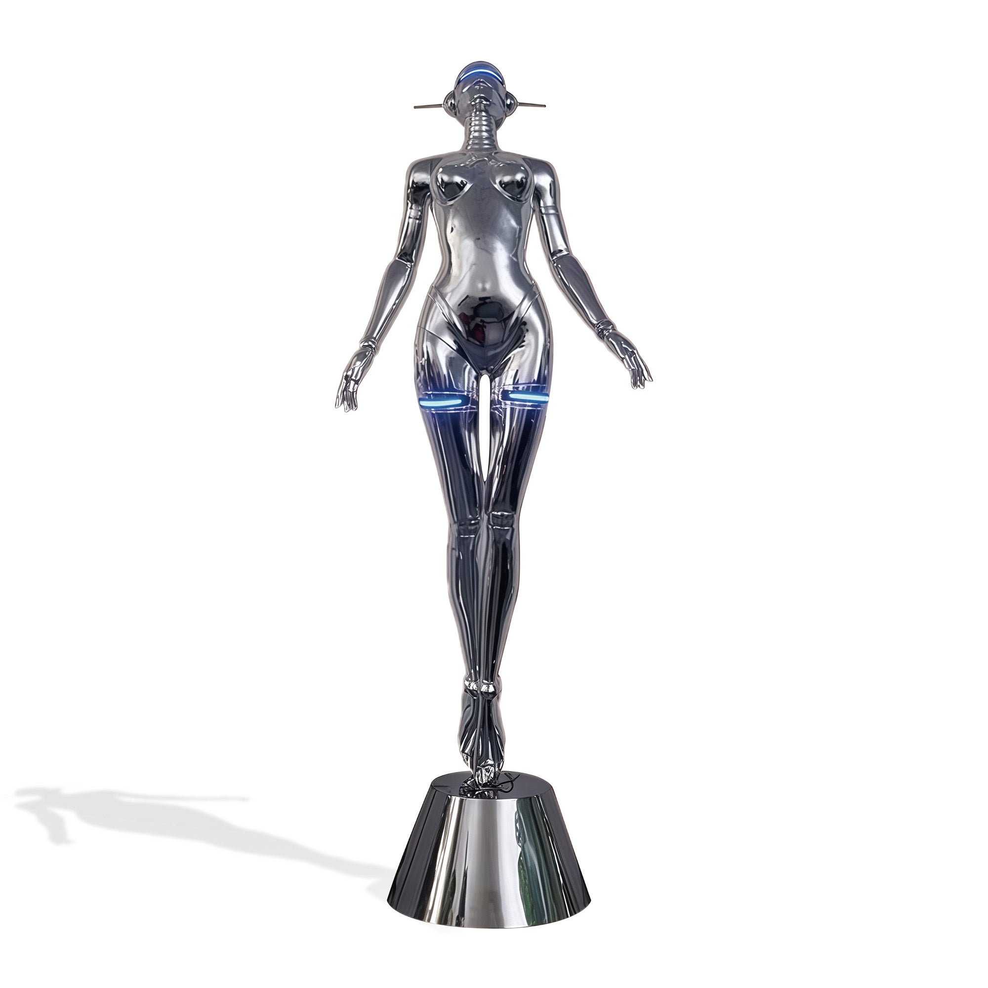 Futuristic robotic sculpture in stainless steel, highlighting sensual curves and mechanical design, with LED lighting adding depth and allure, inspired by Sorayama's vision of modern technology.
