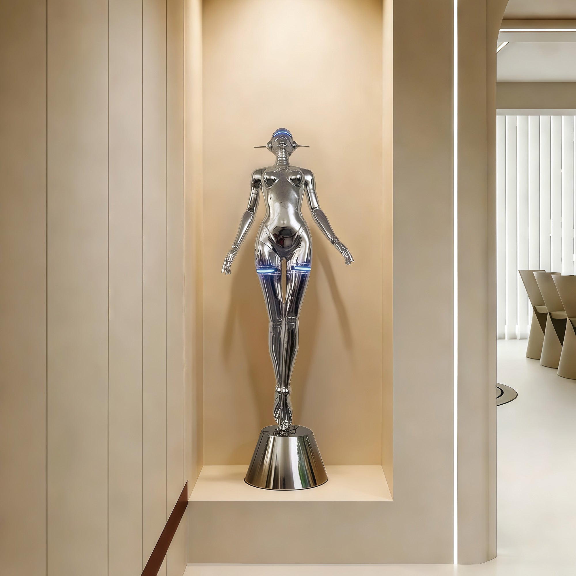 Futuristic stainless steel robotic sculpture with smooth curves and integrated LED lights, inspired by Sorayama's Sexy Robots, perfect for modern art spaces and contemporary décor