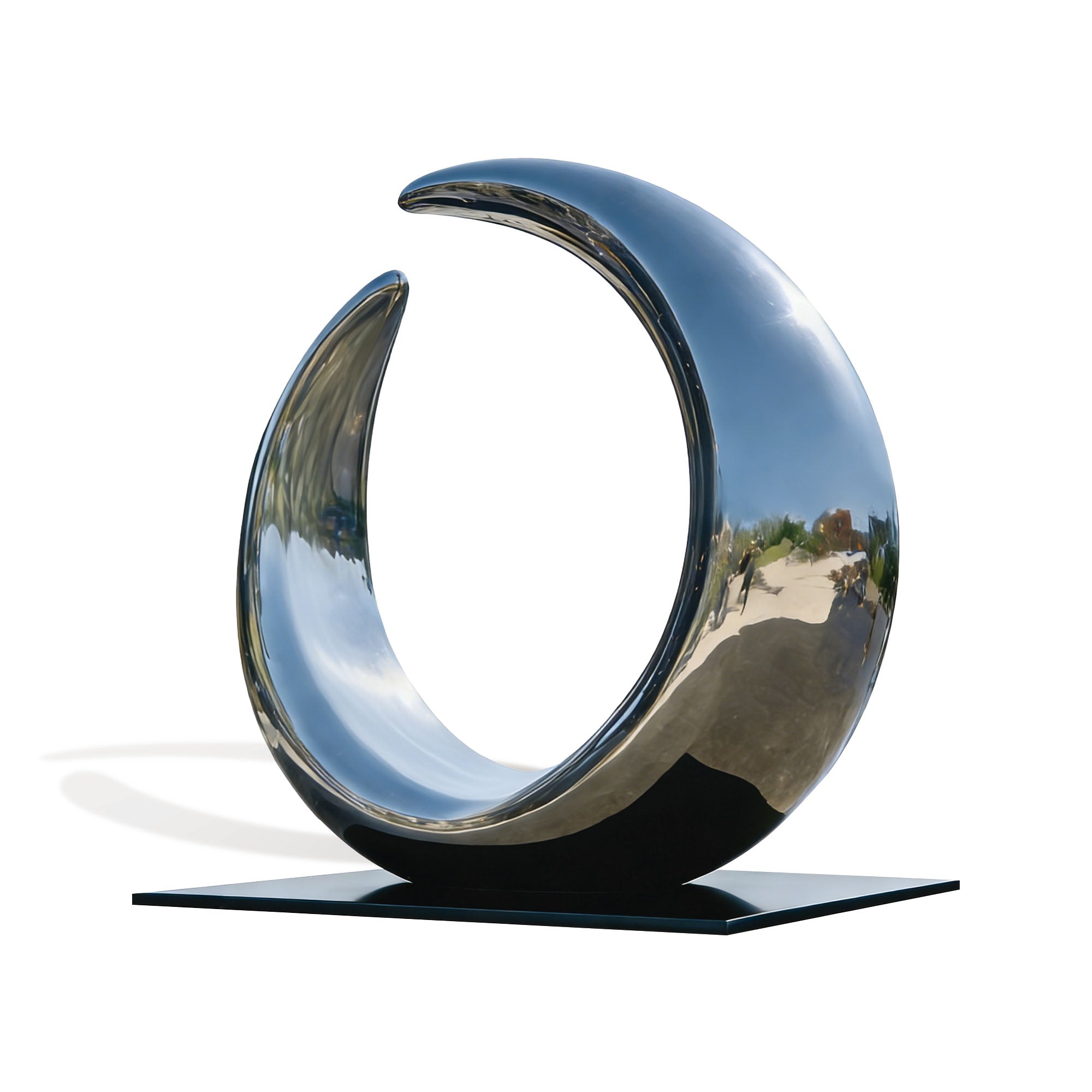 Mirror polished stainless steel abstract sculpture with sleek curves, creating a modern and dynamic visual focal point, perfect for gardens and outdoor spaces.