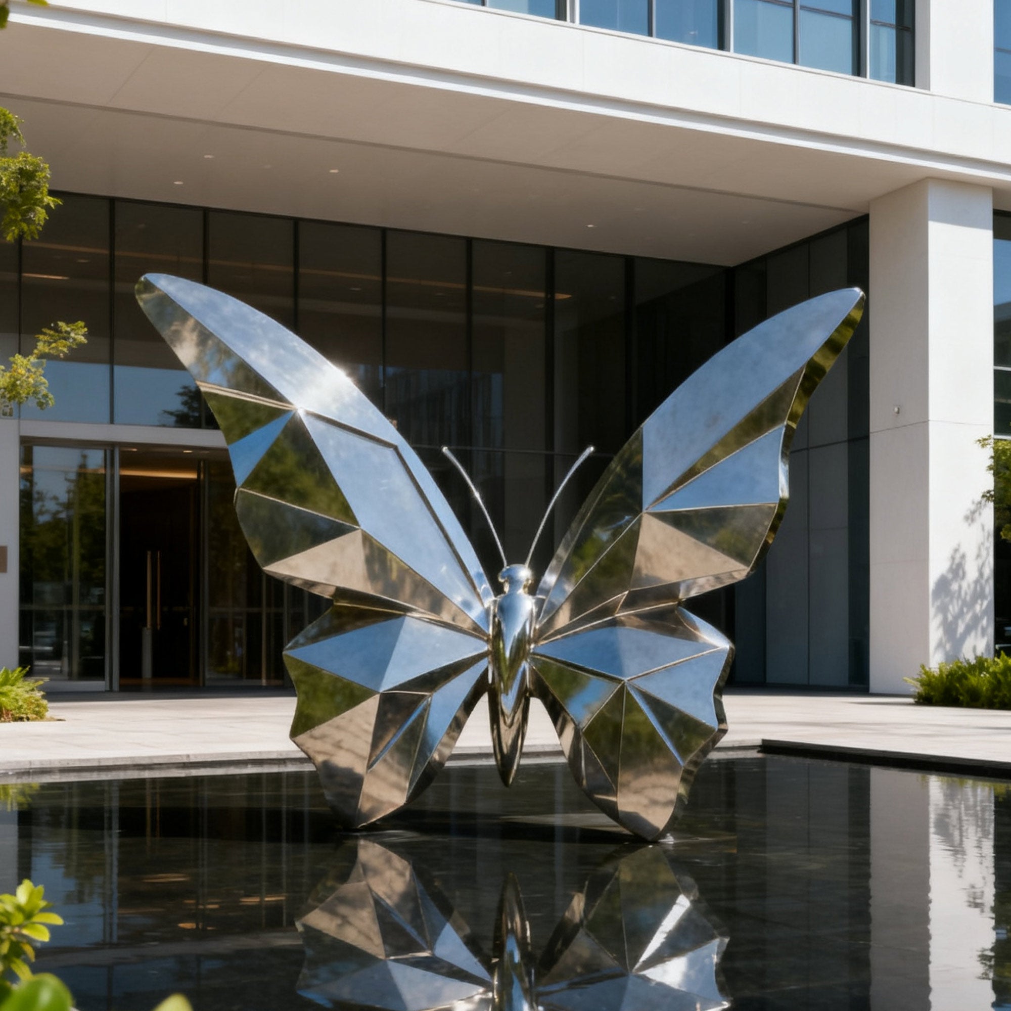 Geometric outdoor garden art featuring a stainless steel butterfly sculpture, placed over a reflecting pool in front of modern building entrance