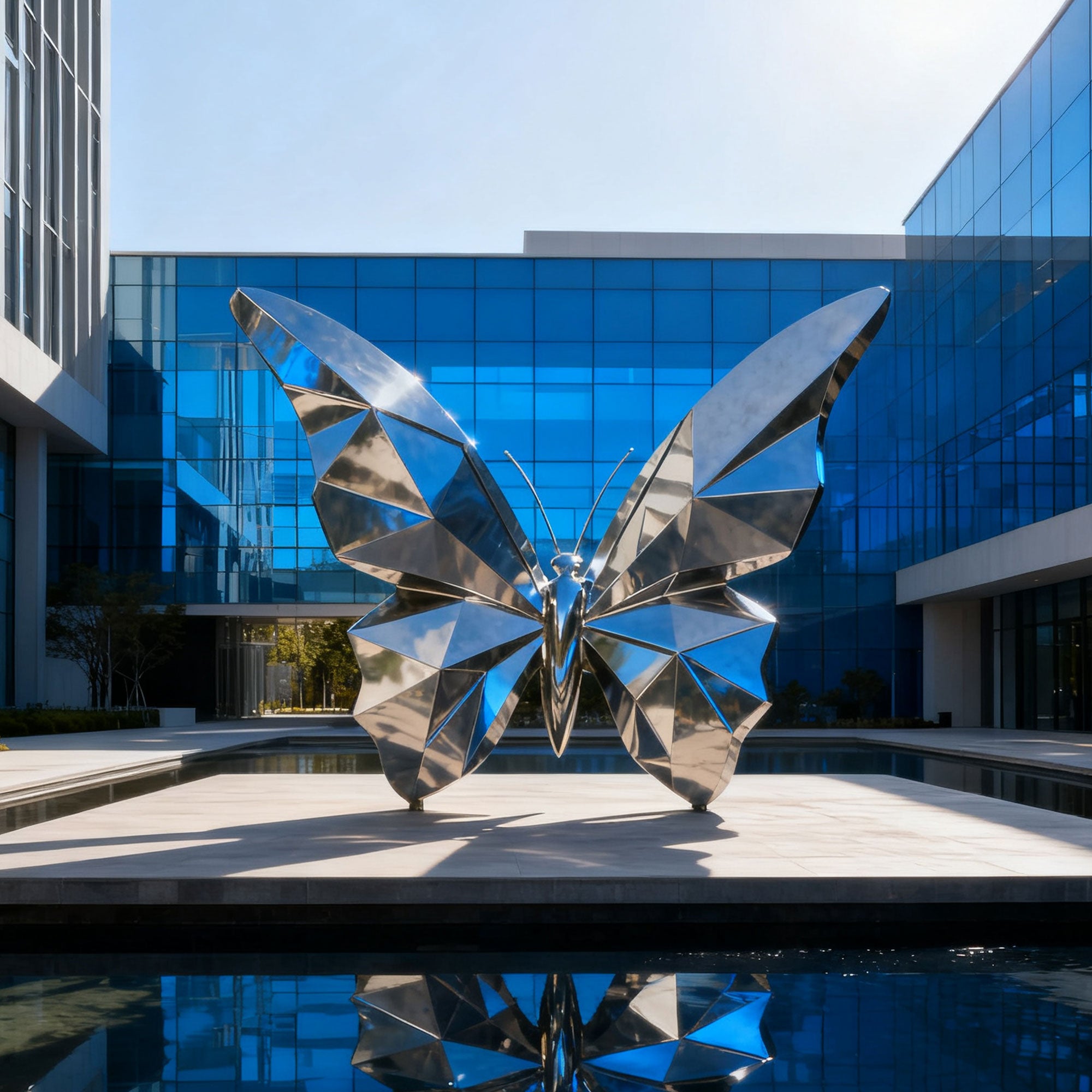 Large stainless steel butterfly sculpture with mirror-polished surfaces, displayed in a modern courtyard with blue glass building background, reflecting surroundings