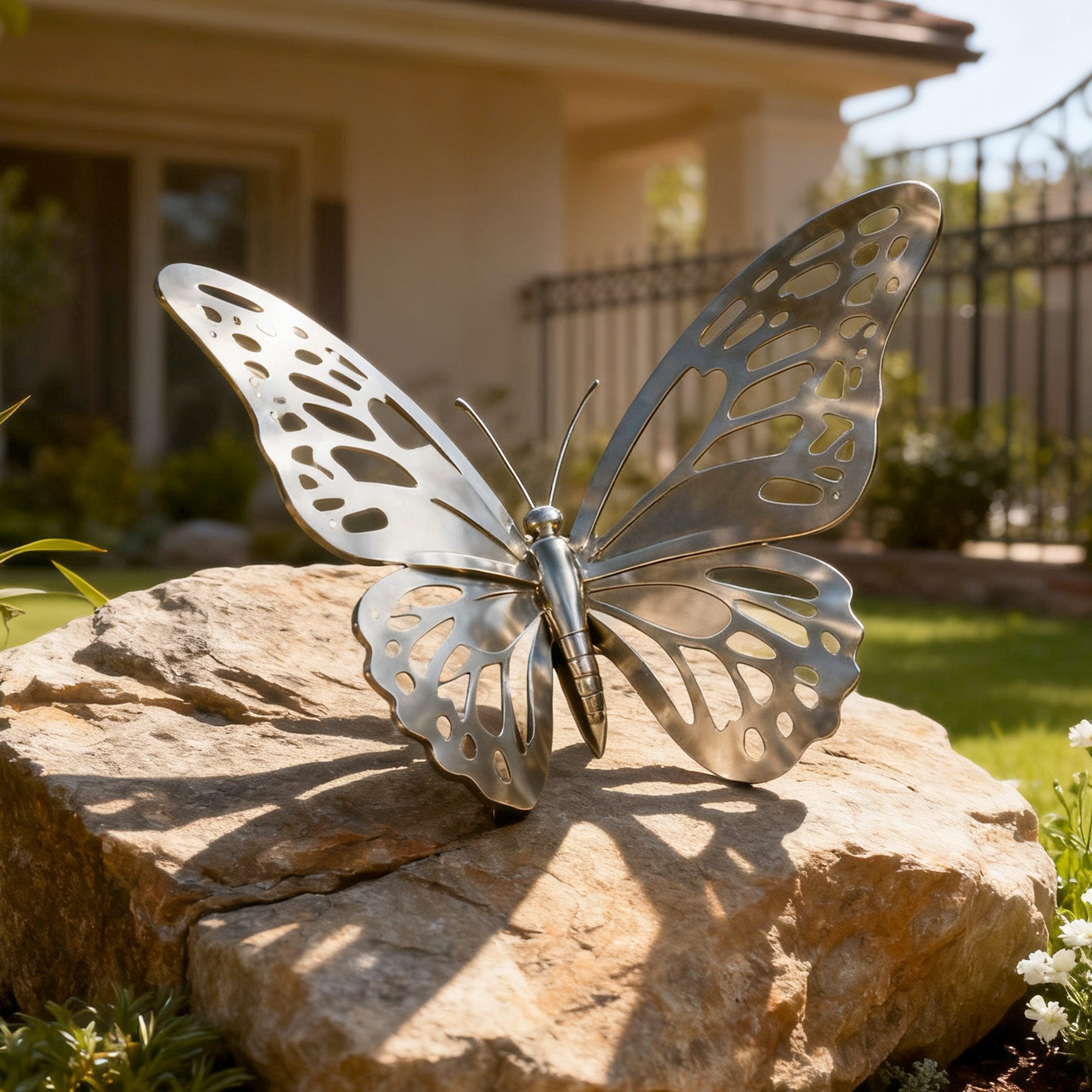 hollow stainless steel butterfly sculpture showing intricate wing cut-out patterns, garden decorative sculpture