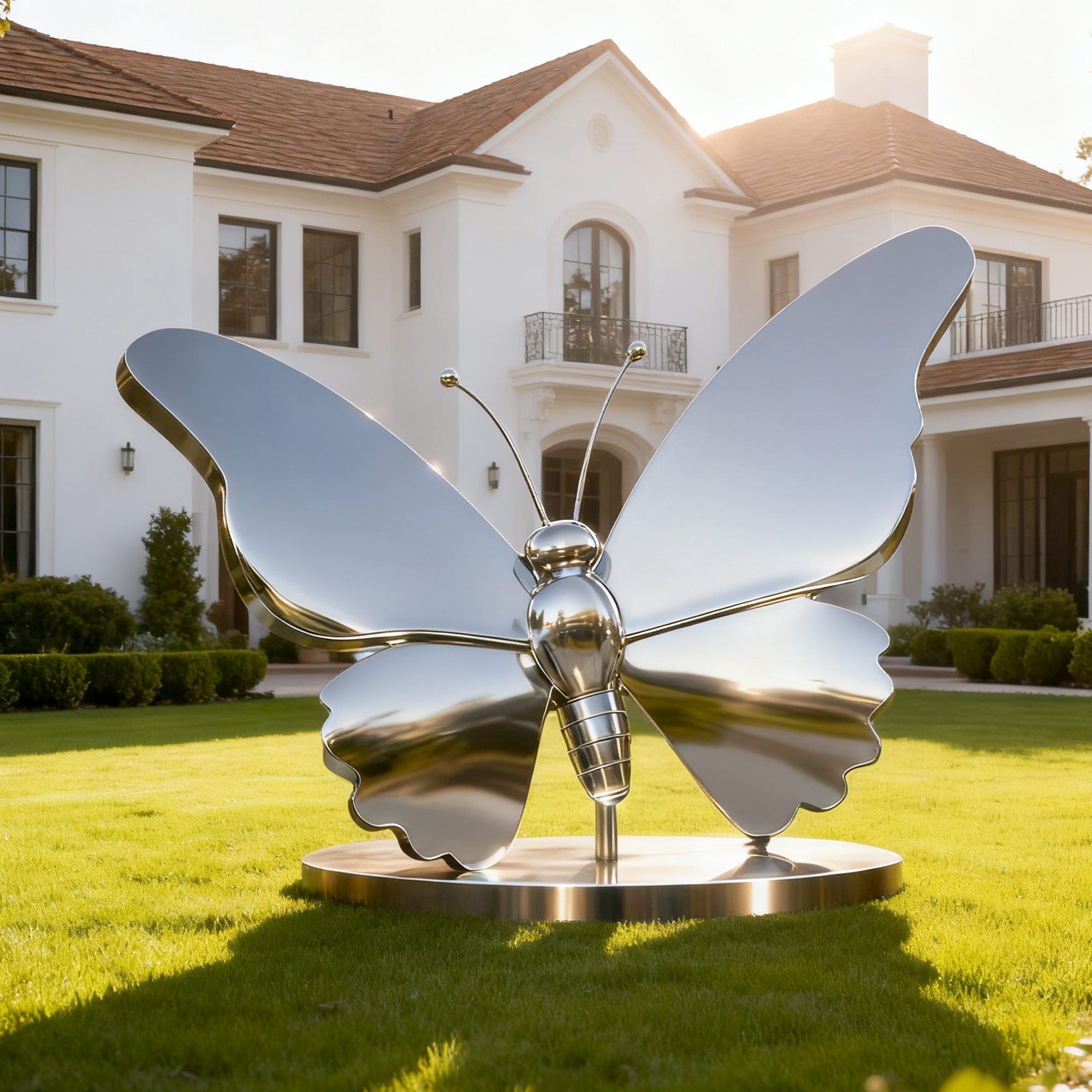 Front view of Shimmer Wings mirror stainless steel butterfly sculpture in garden, reflecting sunlight and greenery on polished wings