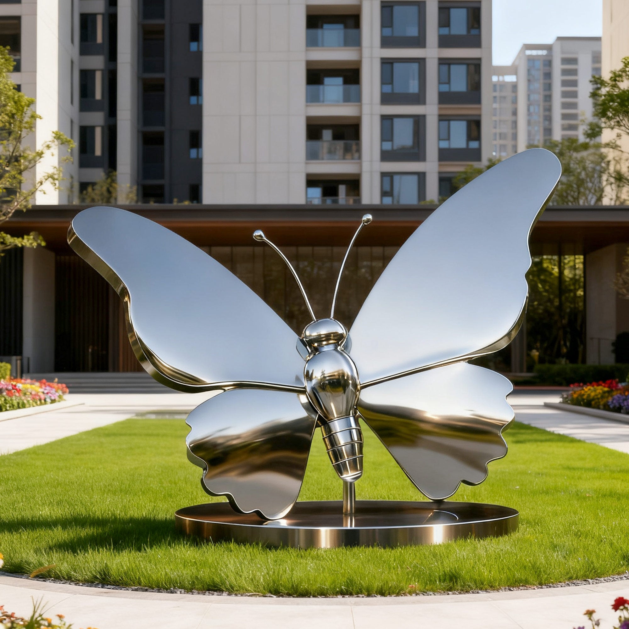 Shimmer Wings mirror stainless steel butterfly sculpture in apartment courtyard, highlighting reflective wings and elegant body in outdoor garden