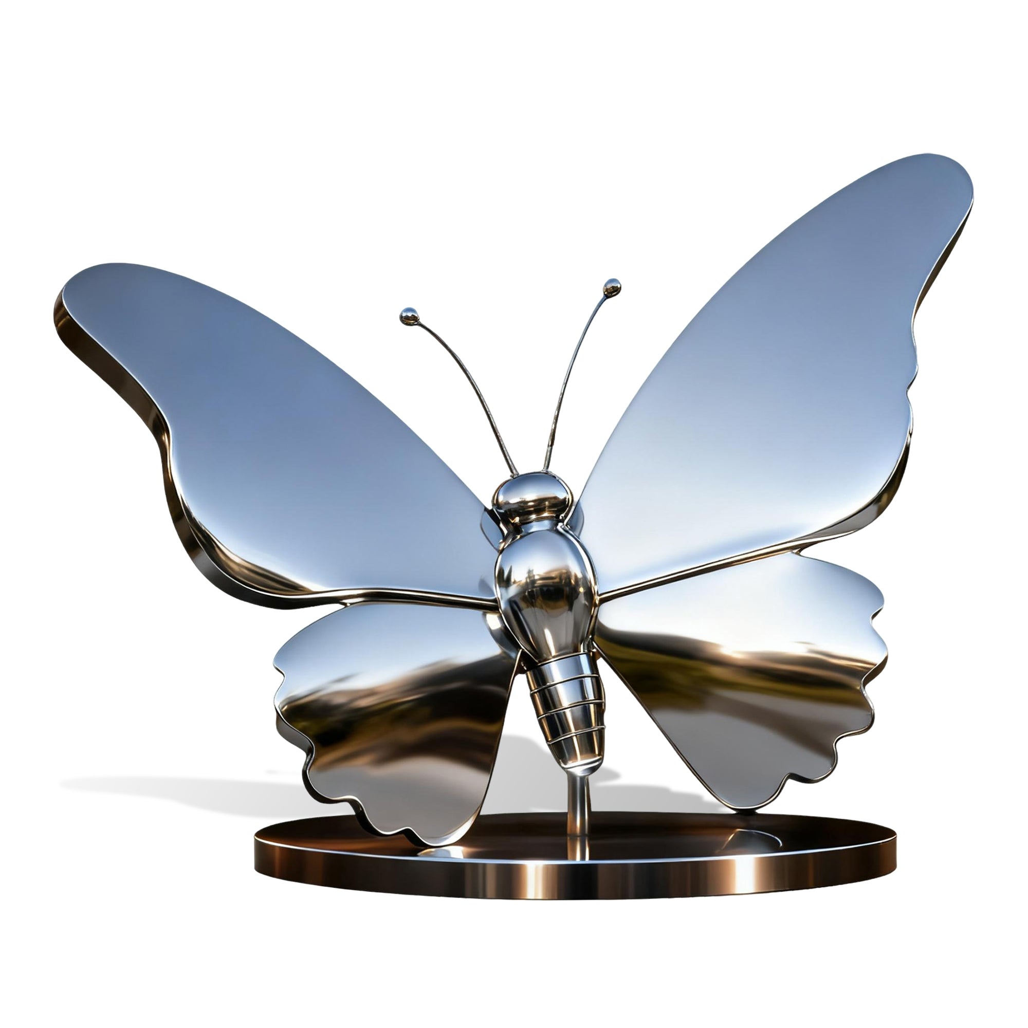 Shimmer Wings mirror stainless steel butterfly sculpture on white background, showing polished reflective wings and smooth contours
