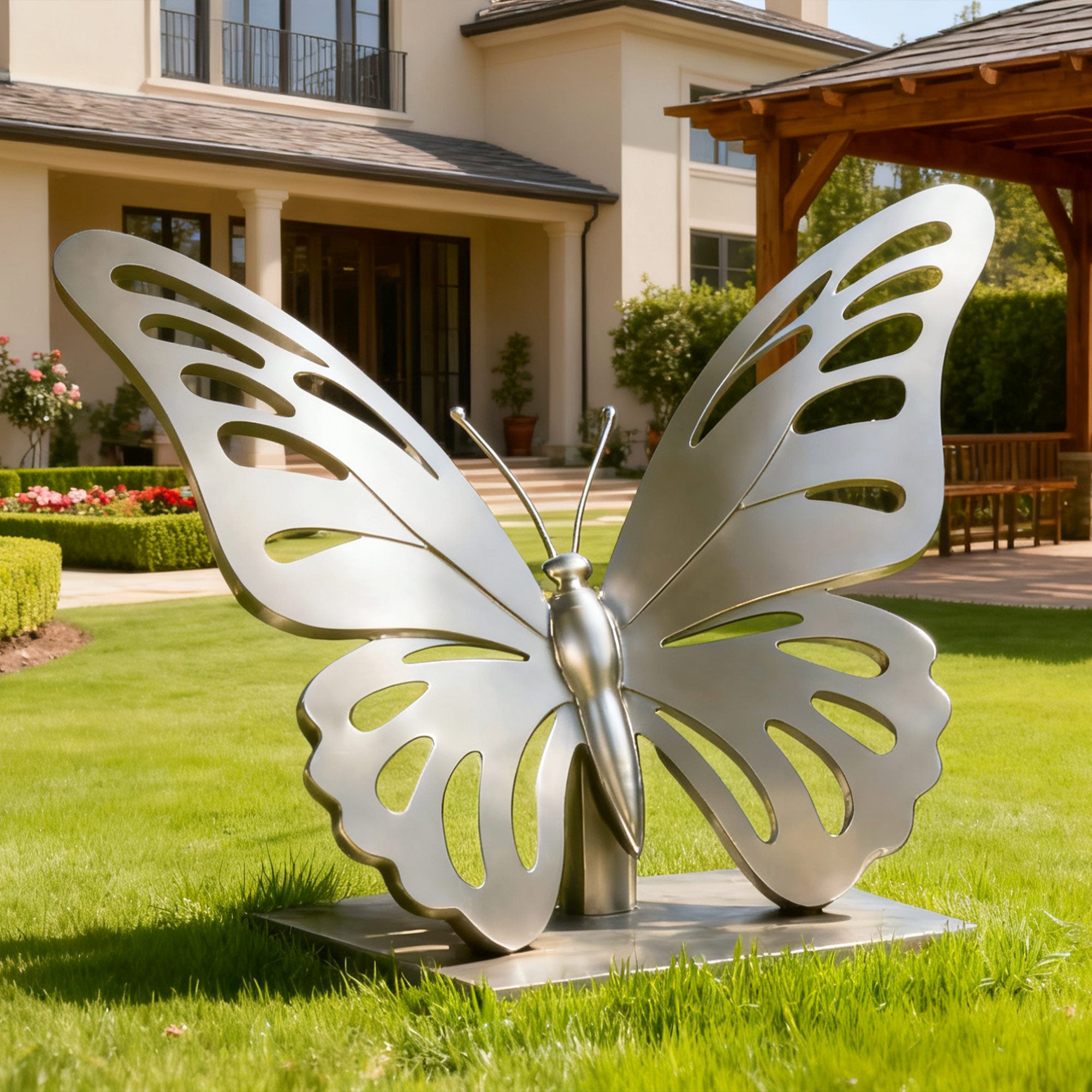 brushed stainless steel butterfly sculpture placed in outdoor garden courtyard, sunlight highlighting flowing wings and gentle brushed texture