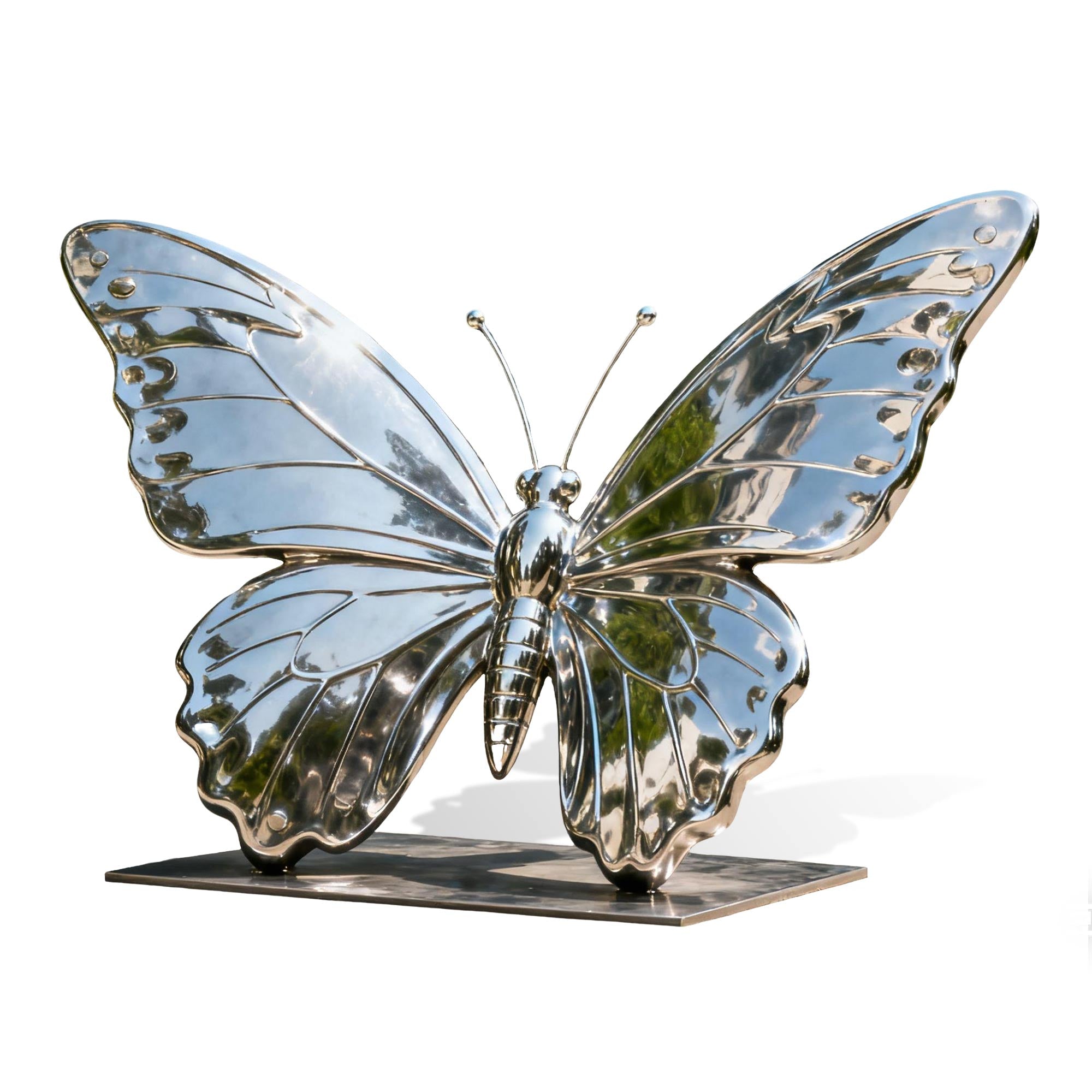 stainless steel butterfly sculpture on white background, showing flowing wing lines and reflective polished surfaces