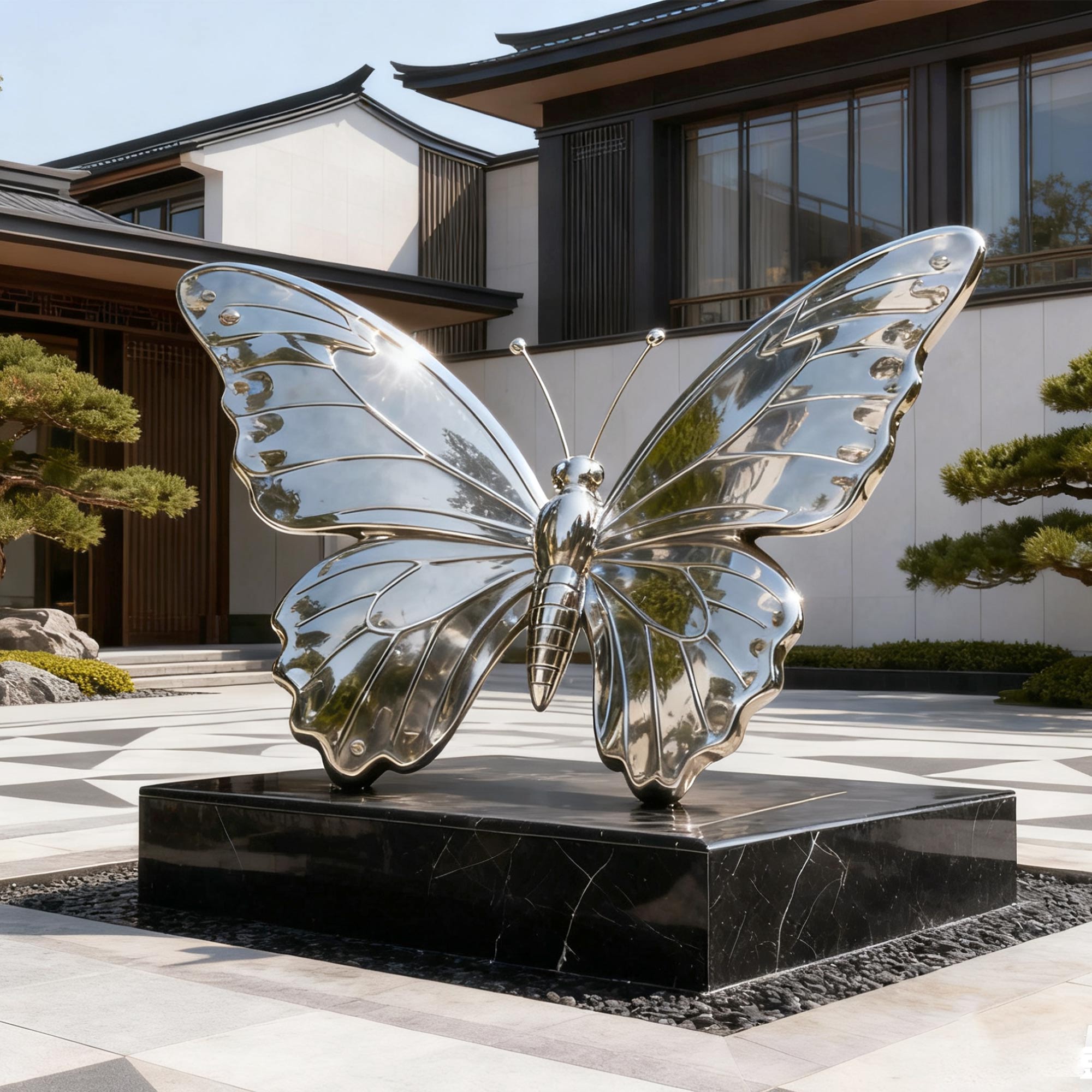 stainless steel butterfly sculpture placed in garden courtyard, reflecting sunlight on polished flowing wings