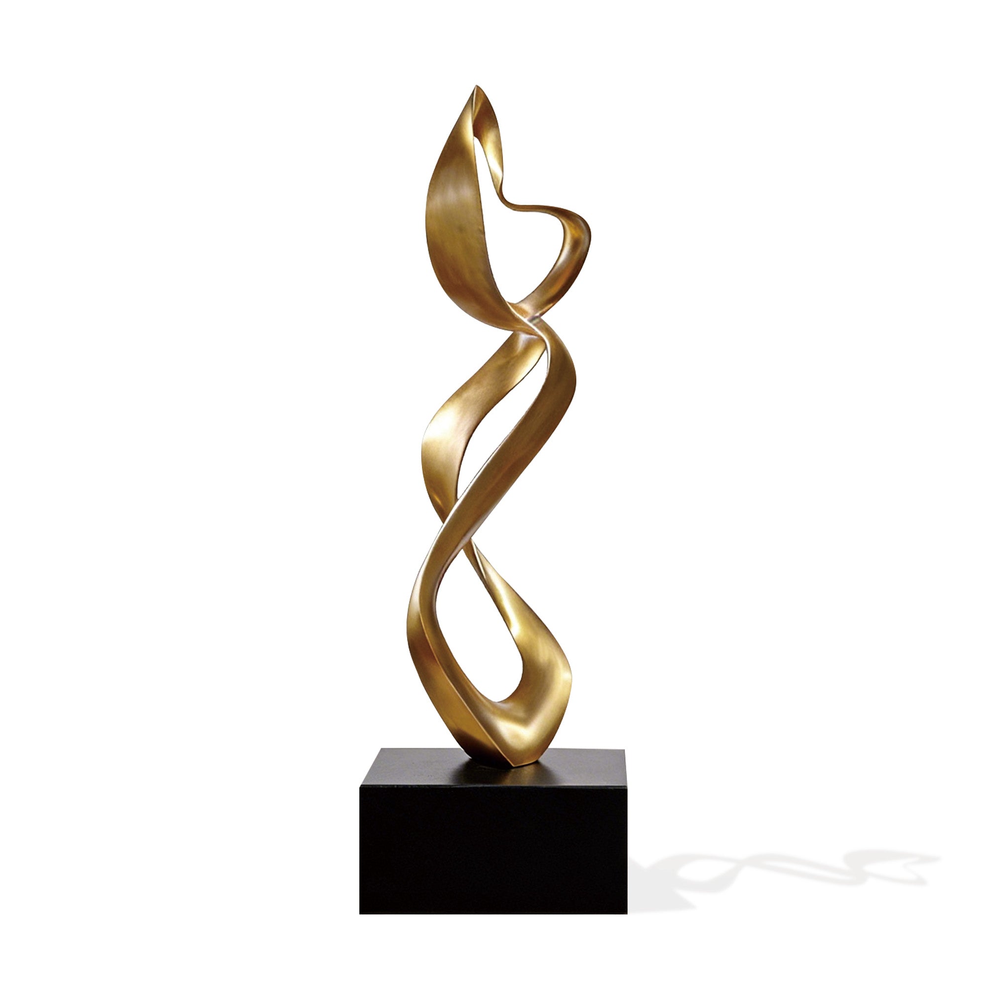 Abstract stainless steel sculpture with a flowing twisted form and modern design, with a black pedestal base