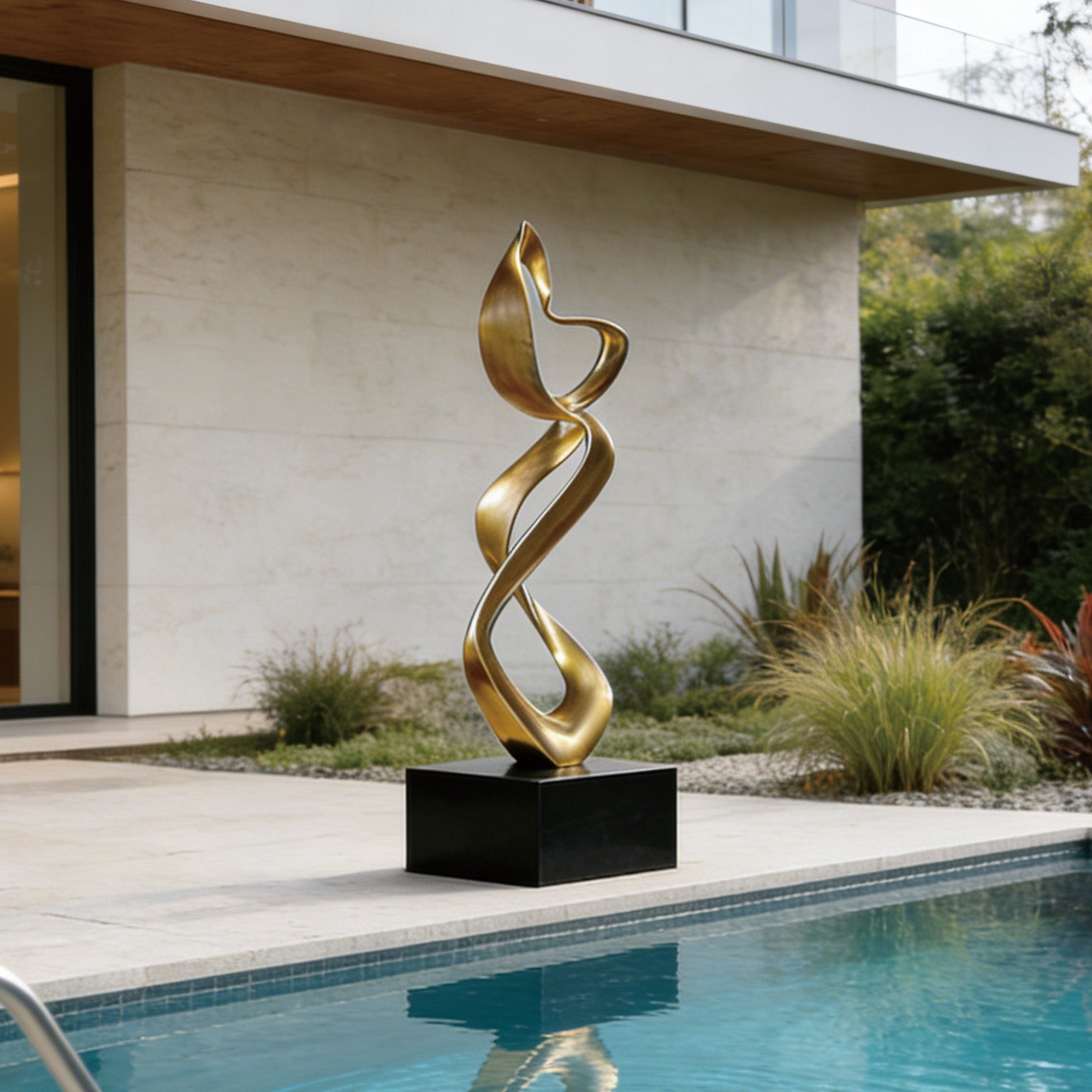 Abstract stainless steel sculpture with a flowing twisted form, displayed as a poolside sculpture in a contemporary outdoor space