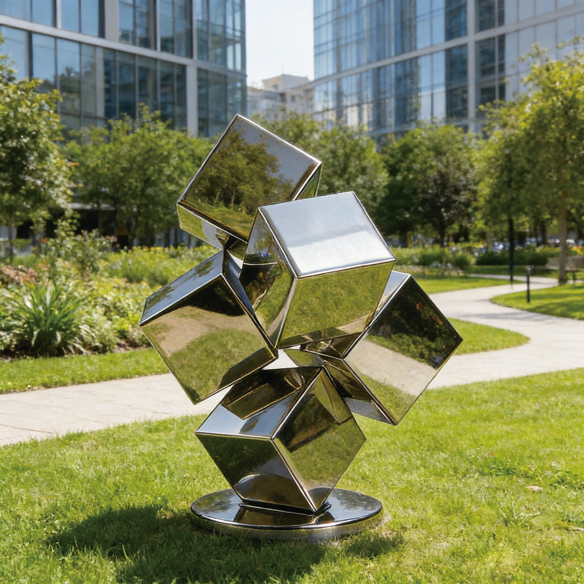 Modern stainless steel mirror finish abstract lawn sculpture with geometric cube form for garden, plaza, and outdoor display