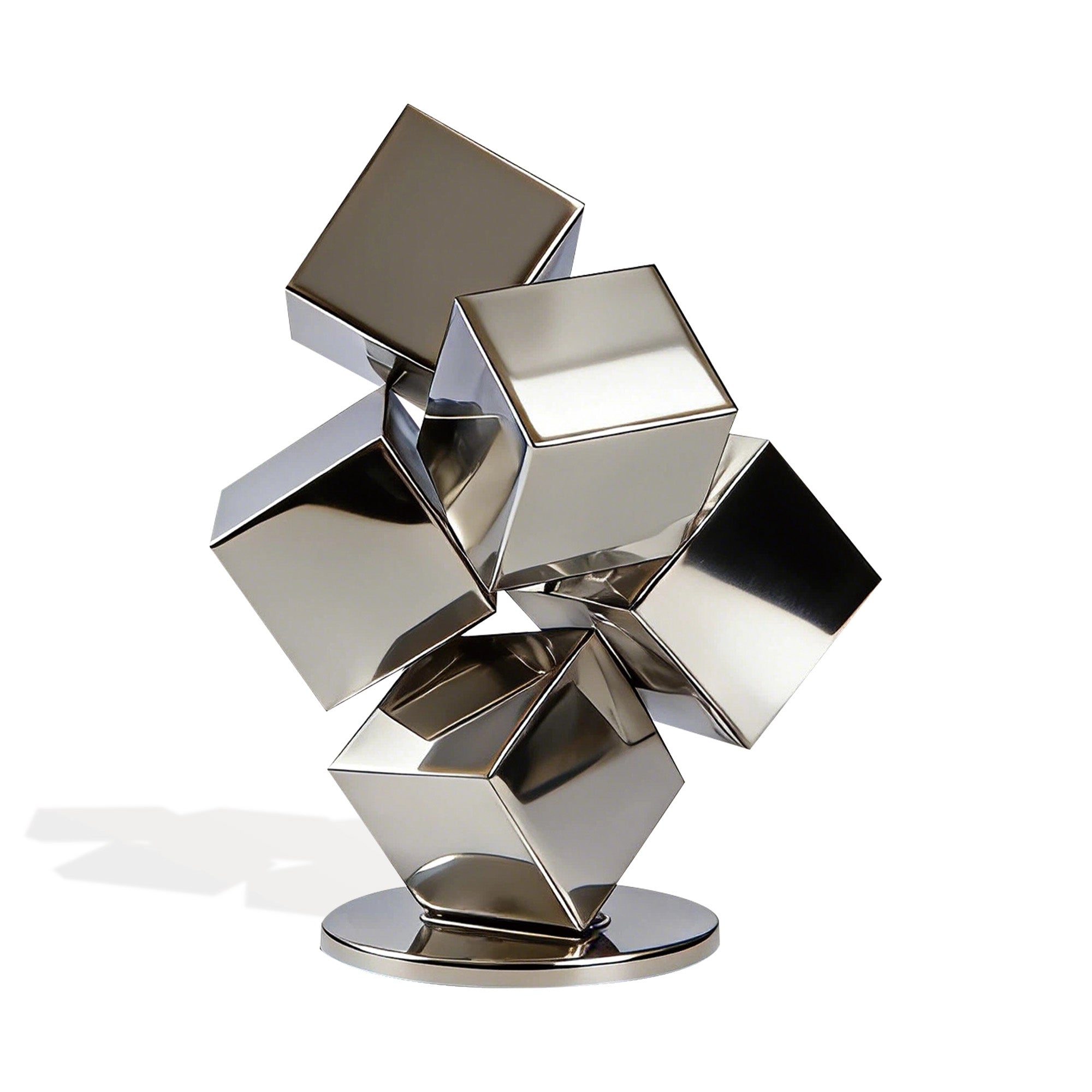 Modern stainless steel geometric sculpture with mirror finish for lawn, garden, plaza, and contemporary outdoor spaces