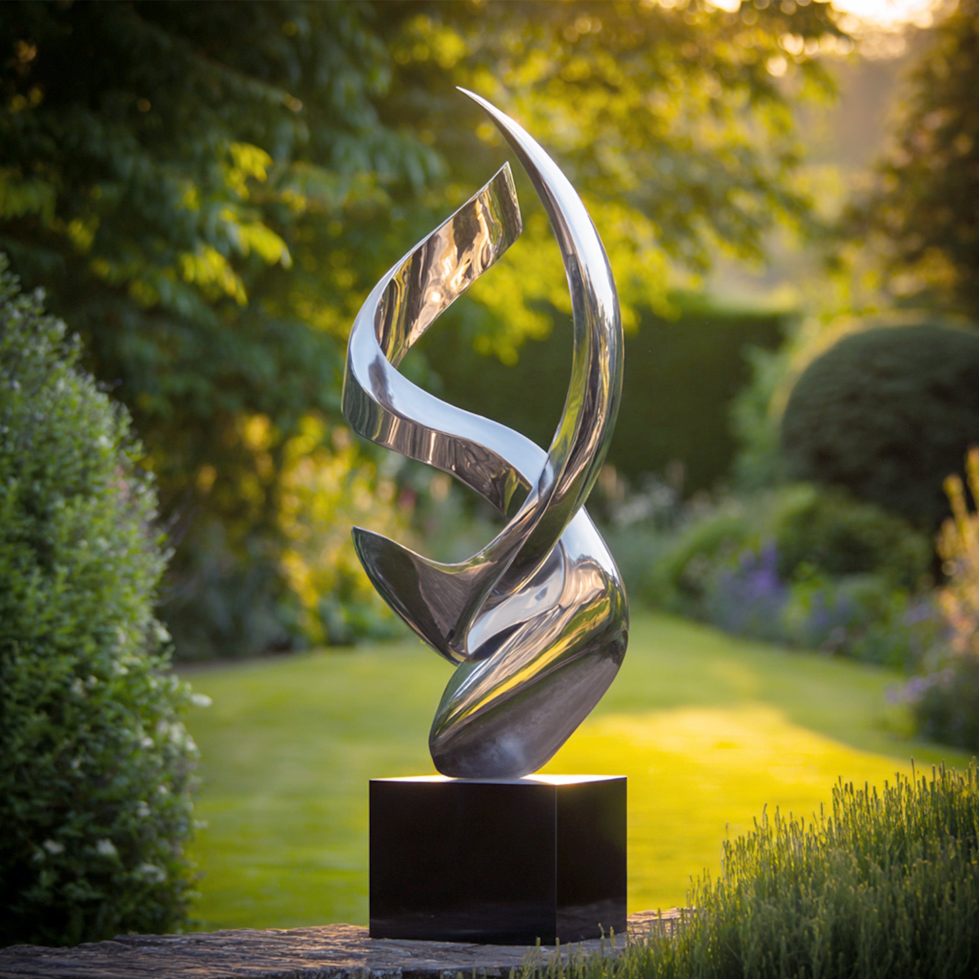Mirror finish stainless steel abstract sculpture installed on garden lawn, modern outdoor sculpture for landscape, courtyard and private estate decoration