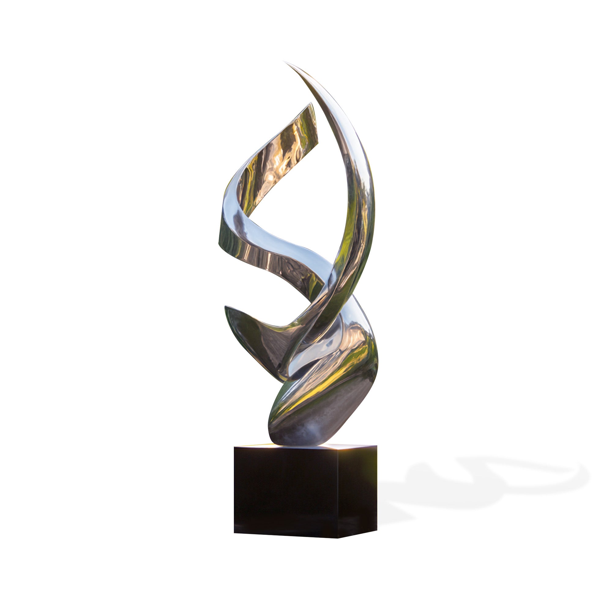 Modern stainless steel abstract sculpture with mirror finish, curved flowing design displayed on white background for outdoor garden and contemporary landscape use
