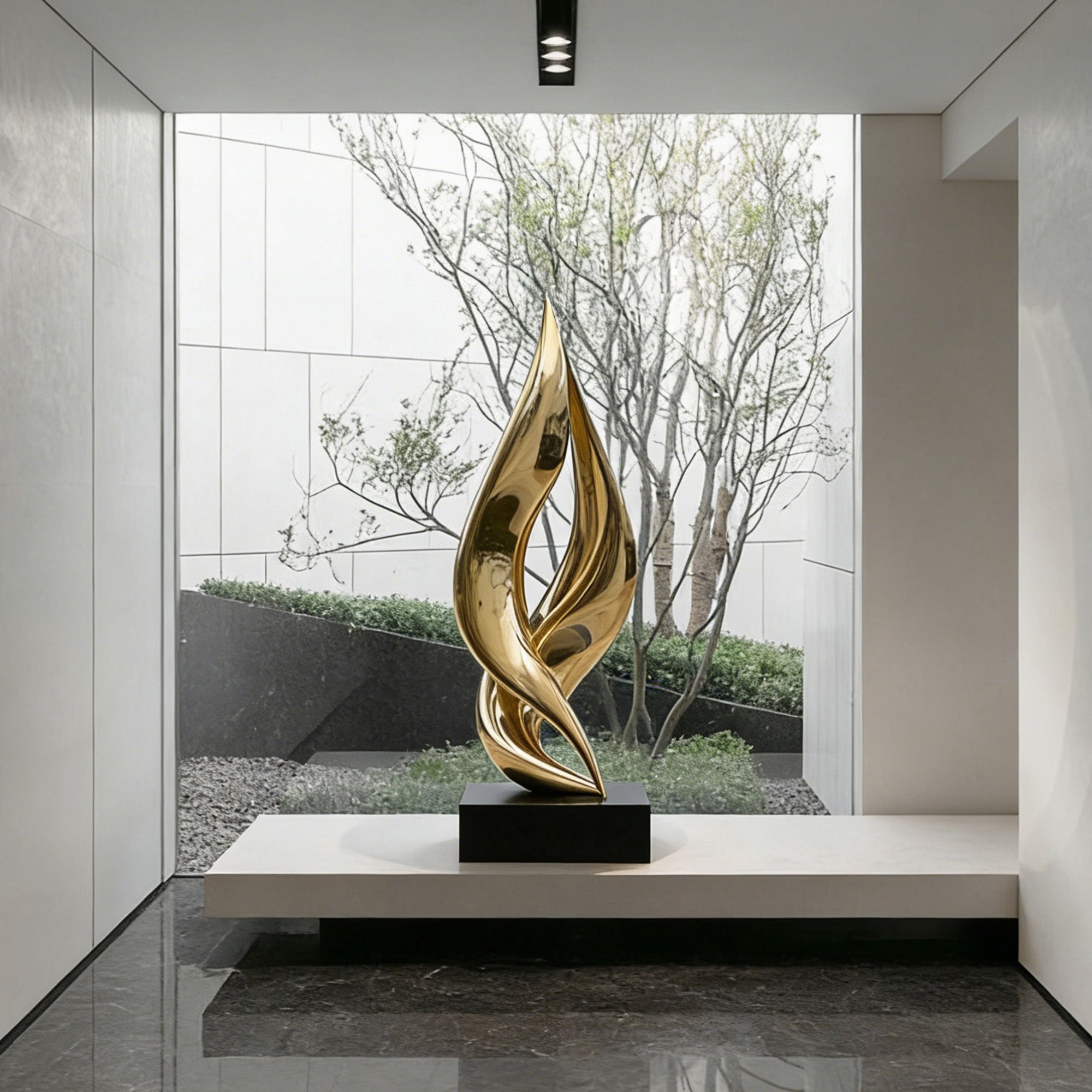 Mirror finish stainless steel abstract sculpture with fluid twisting form, modern outdoor garden sculpture on black base