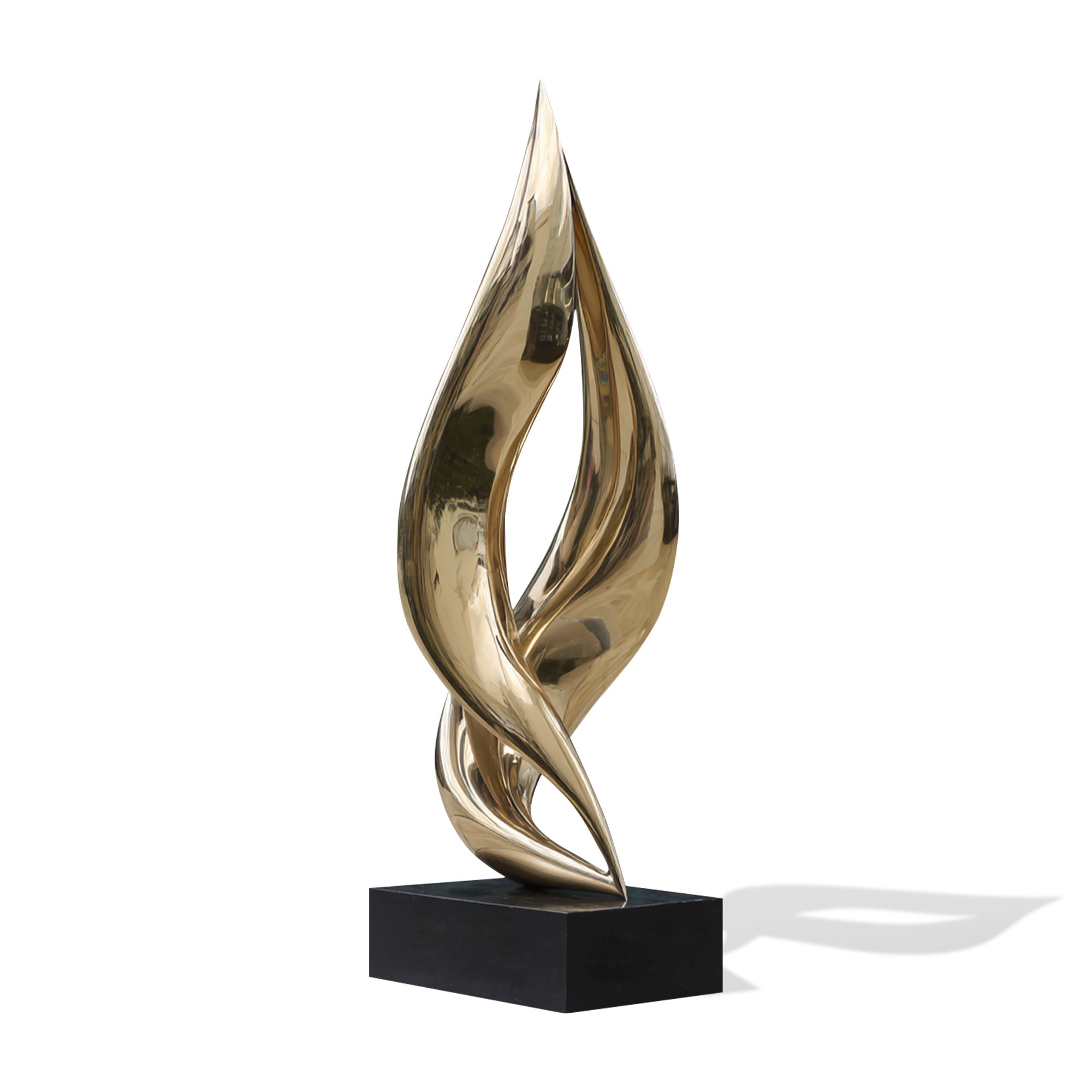 Modern stainless steel abstract sculpture displayed in luxury interior space, reflective metal art sculpture with organic flowing shape