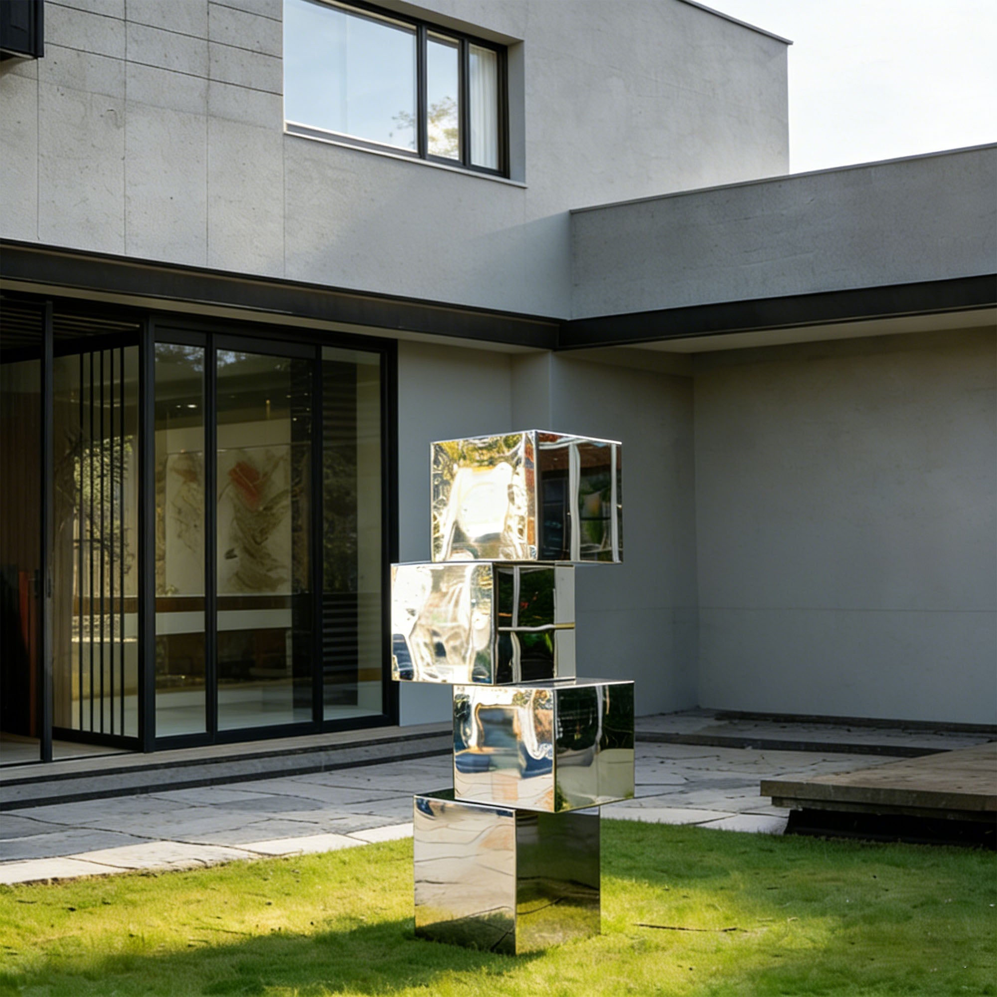 Mirror finish stainless steel stacked cube sculpture installed on garden lawn, modern outdoor geometric sculpture for landscape, courtyard, and architectural spaces