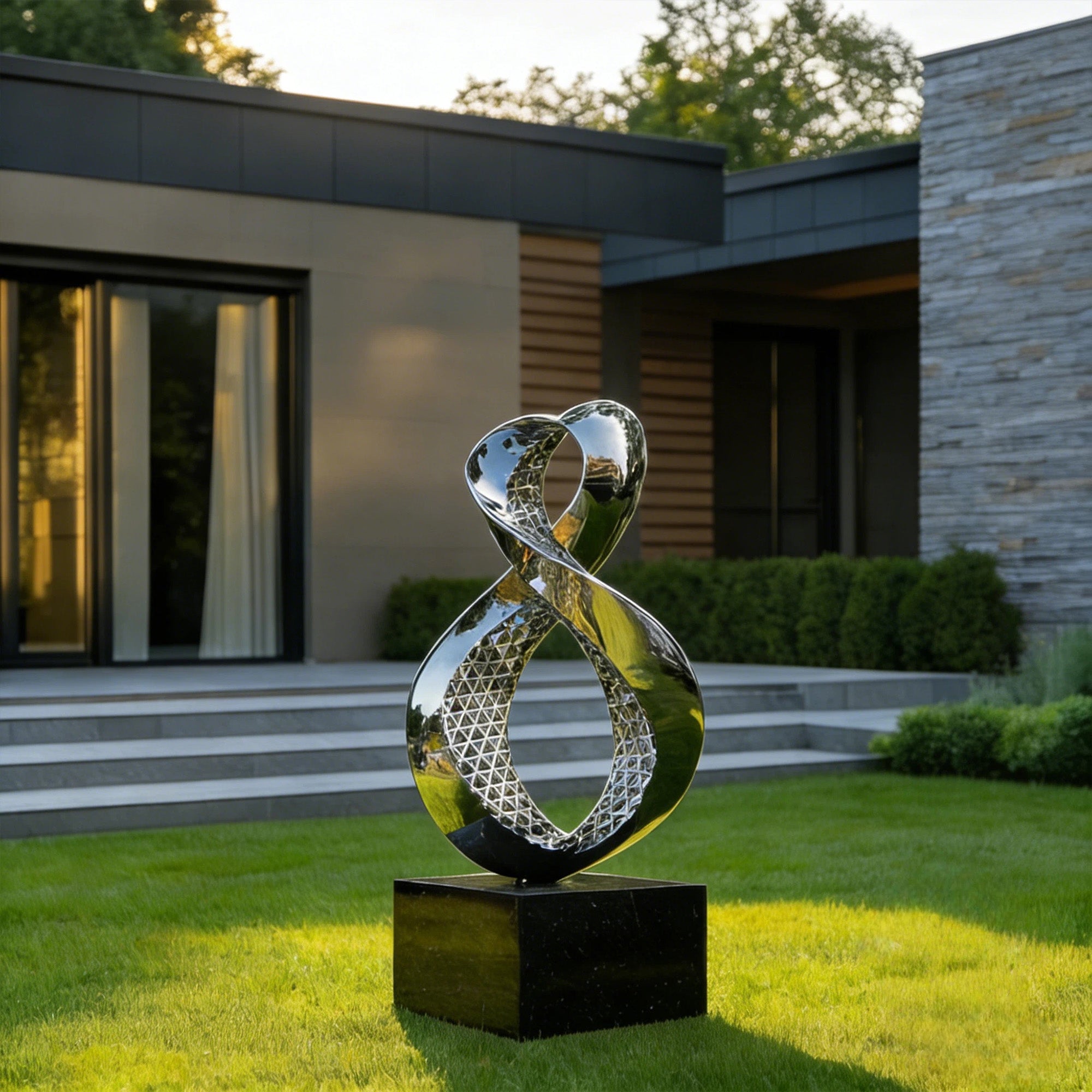 Stunning stainless steel sculpture displayed in a modern garden, creating a striking focal point with its reflective surface and intricate textural details, complementing the natural surroundings.