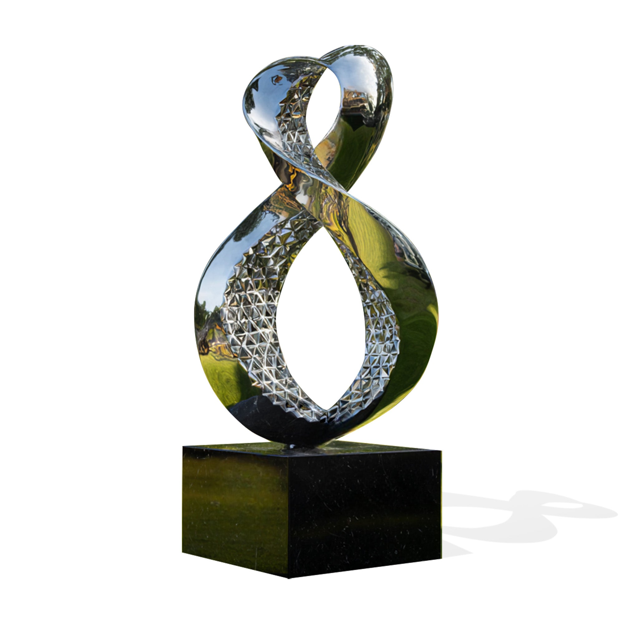 Modern stainless steel sculpture with unique textural contrast, featuring a mirror-like reflective finish and dynamic geometric form. Perfect for contemporary home and office decor.