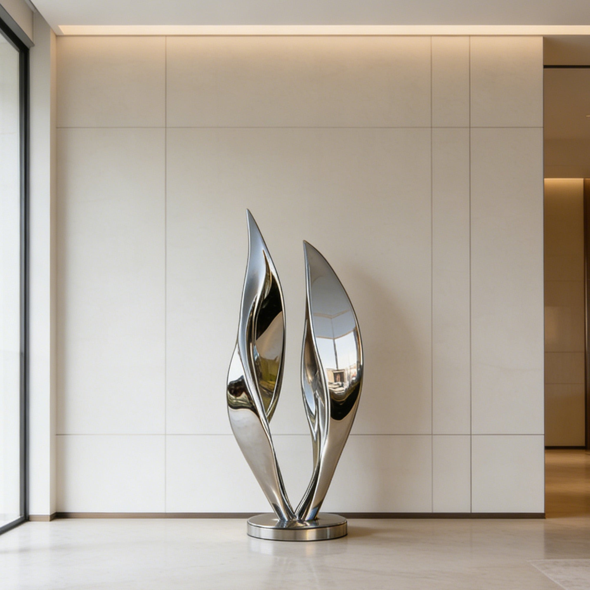 Reflective stainless steel abstract sculpture in a modern indoor setting, elegantly displayed in a spacious room with minimalistic walls and natural light. Ideal for luxury home decor and contemporary interiors.