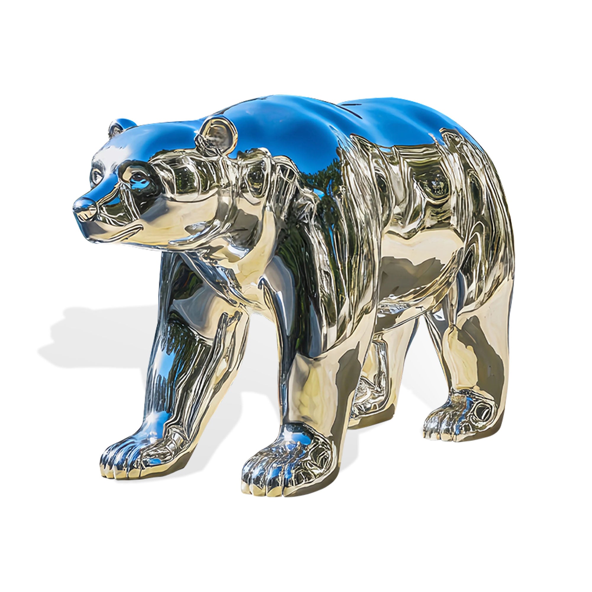 Reflective stainless steel bear sculpture in a lush garden setting, combining contemporary art with nature. Ideal for outdoor spaces, luxury gardens, and high-end residential installations.