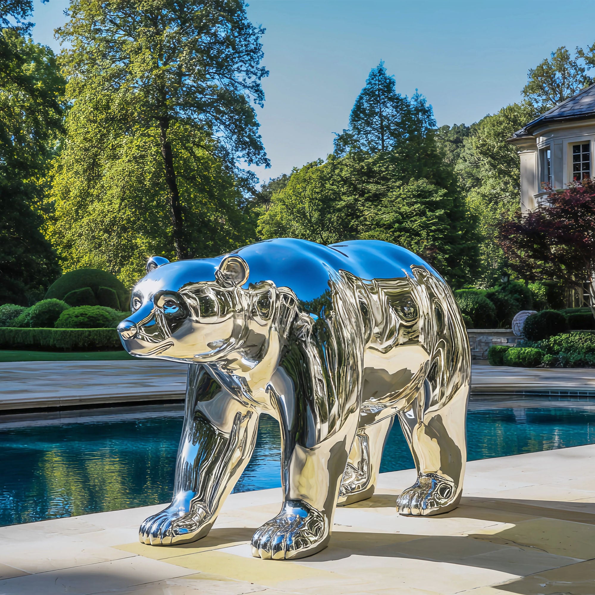 Mirror-polished stainless steel abstract bear sculpture with reflective surface, showcasing a modern interpretation of animal form. Perfect for luxury home decor, gardens, and contemporary art collections.