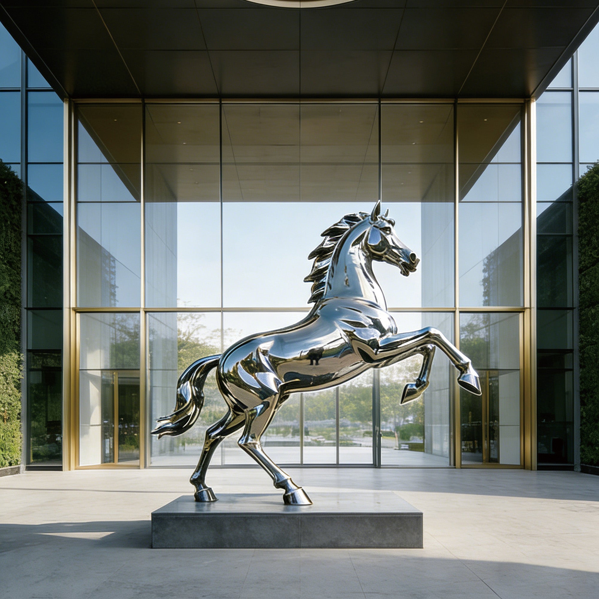 Polished stainless steel rearing horse sculpture, contemporary floor art piece for indoor atrium, reflective metal surface