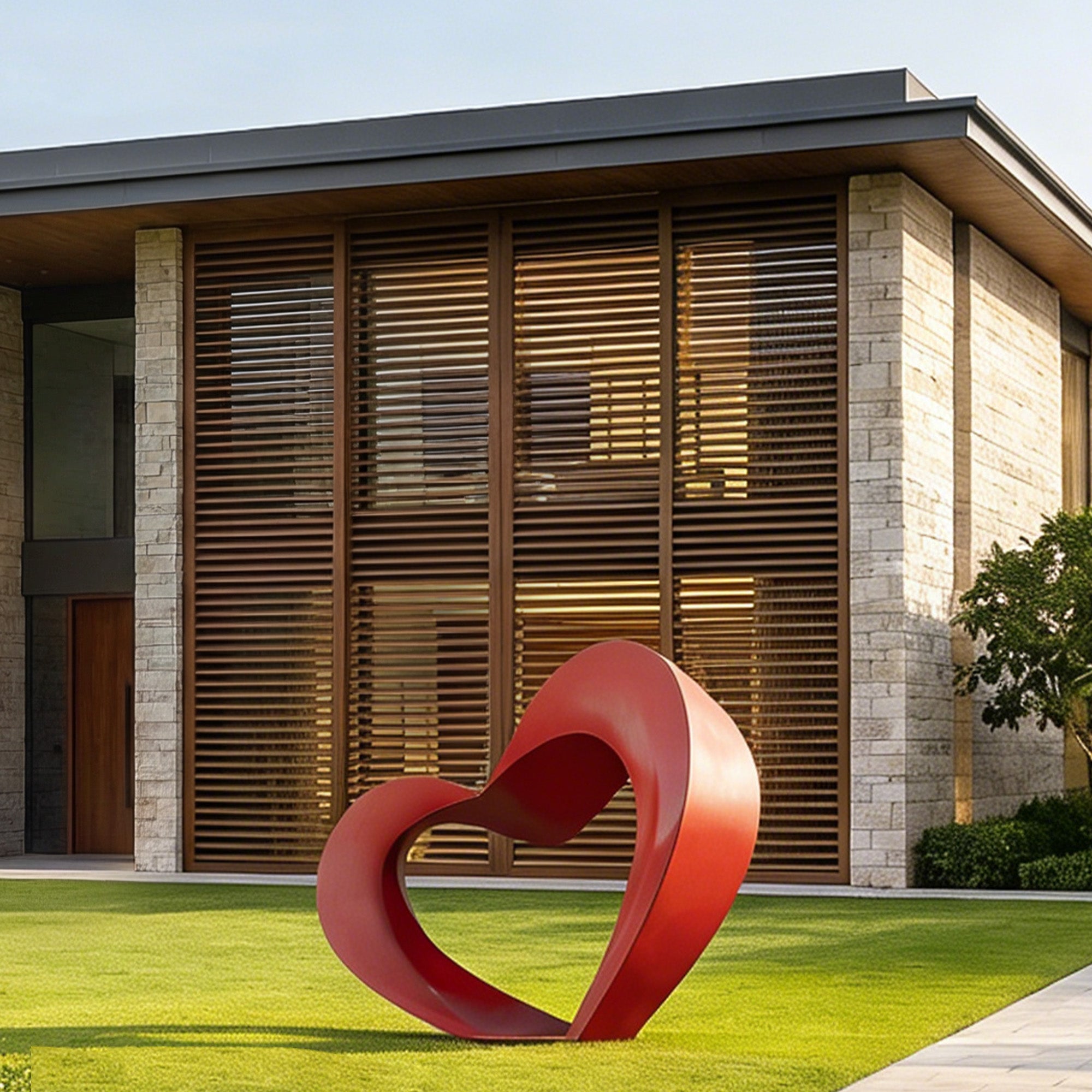 Red heart-shaped sculpture in front of a modern building with wooden slat design.