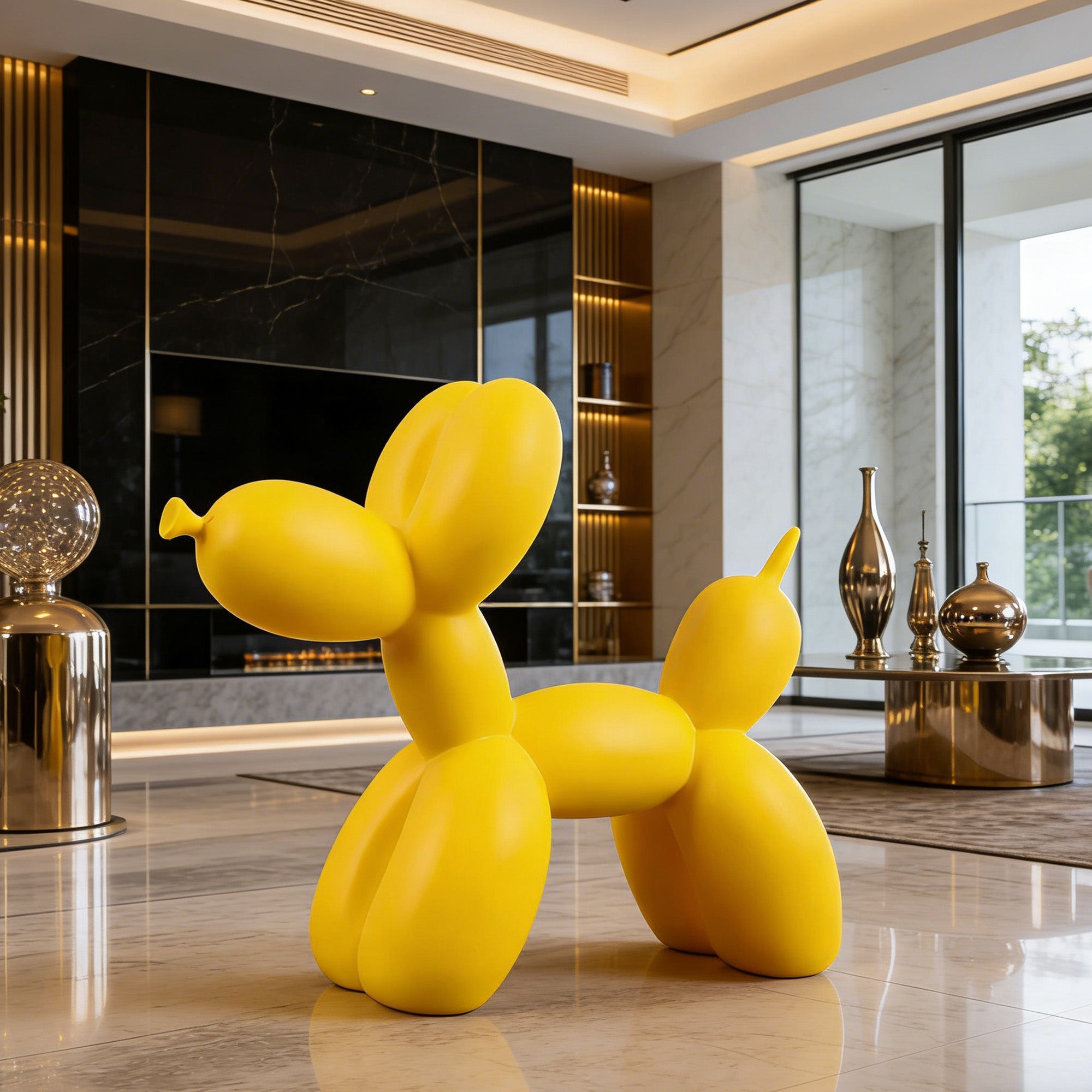 Yellow balloon dog sculpture in a modern interior setting