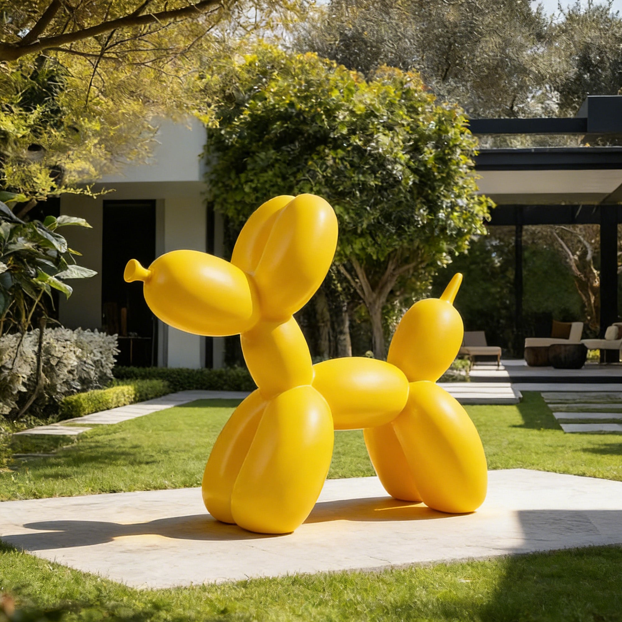 Yellow balloon dog sculpture in a garden setting