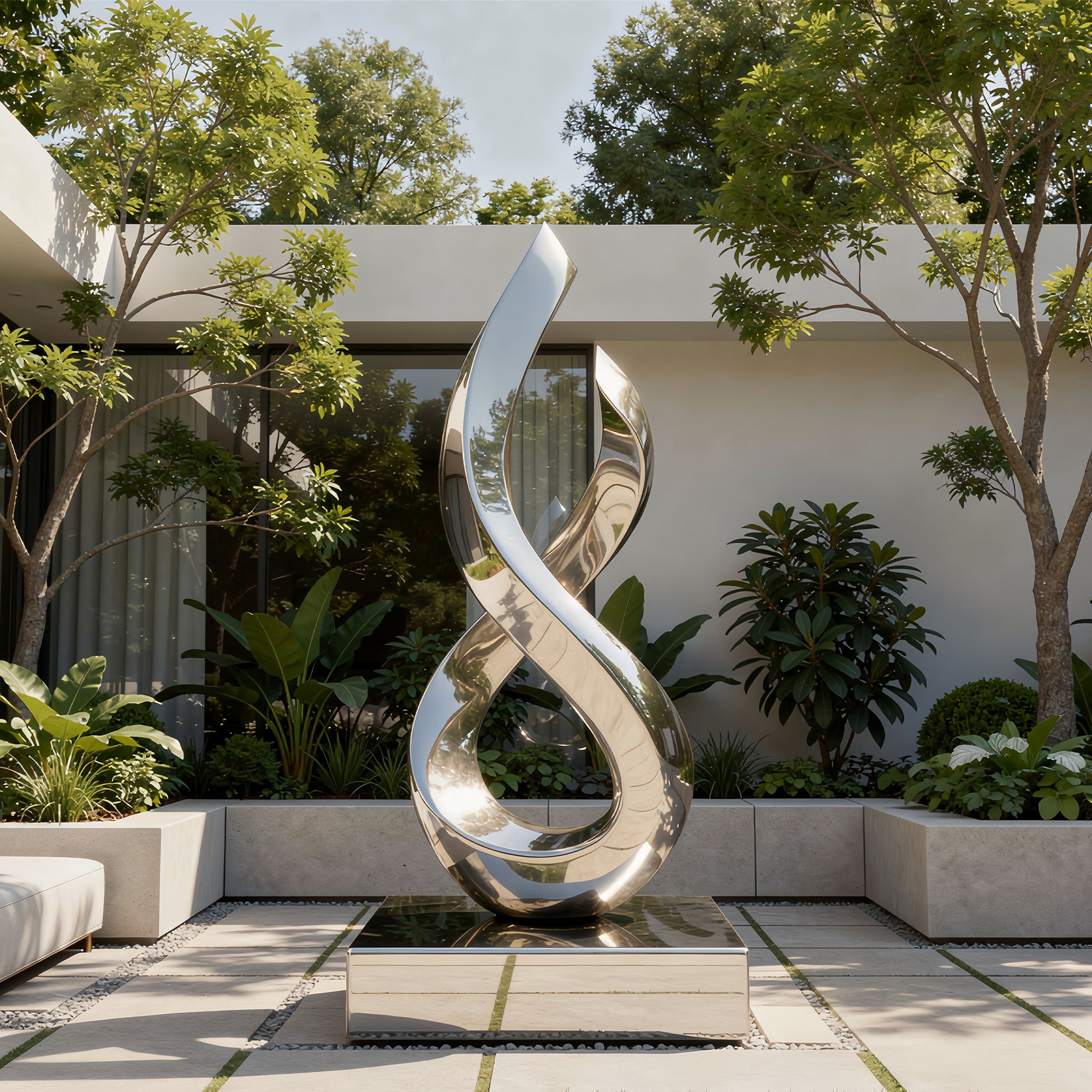 Reflective stainless steel abstract sculpture in a spacious atrium, surrounded by natural light and contemporary architecture. Ideal for luxury interior design, atrium spaces, and modern art installations.