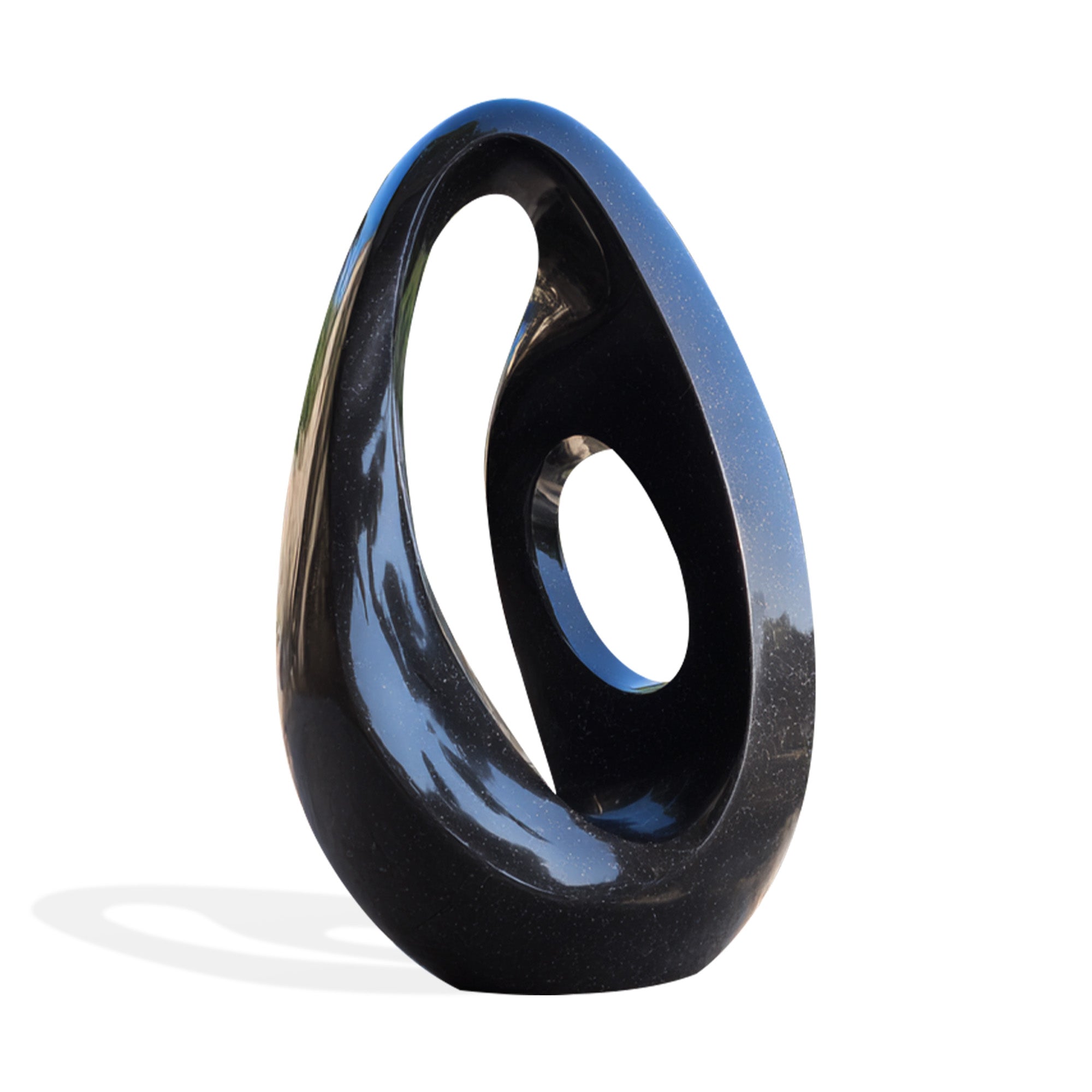 Polished black abstract stainless steel sculpture with smooth, curved form and striking open shape. Ideal for modern art installations, luxury interiors, and contemporary design collections.