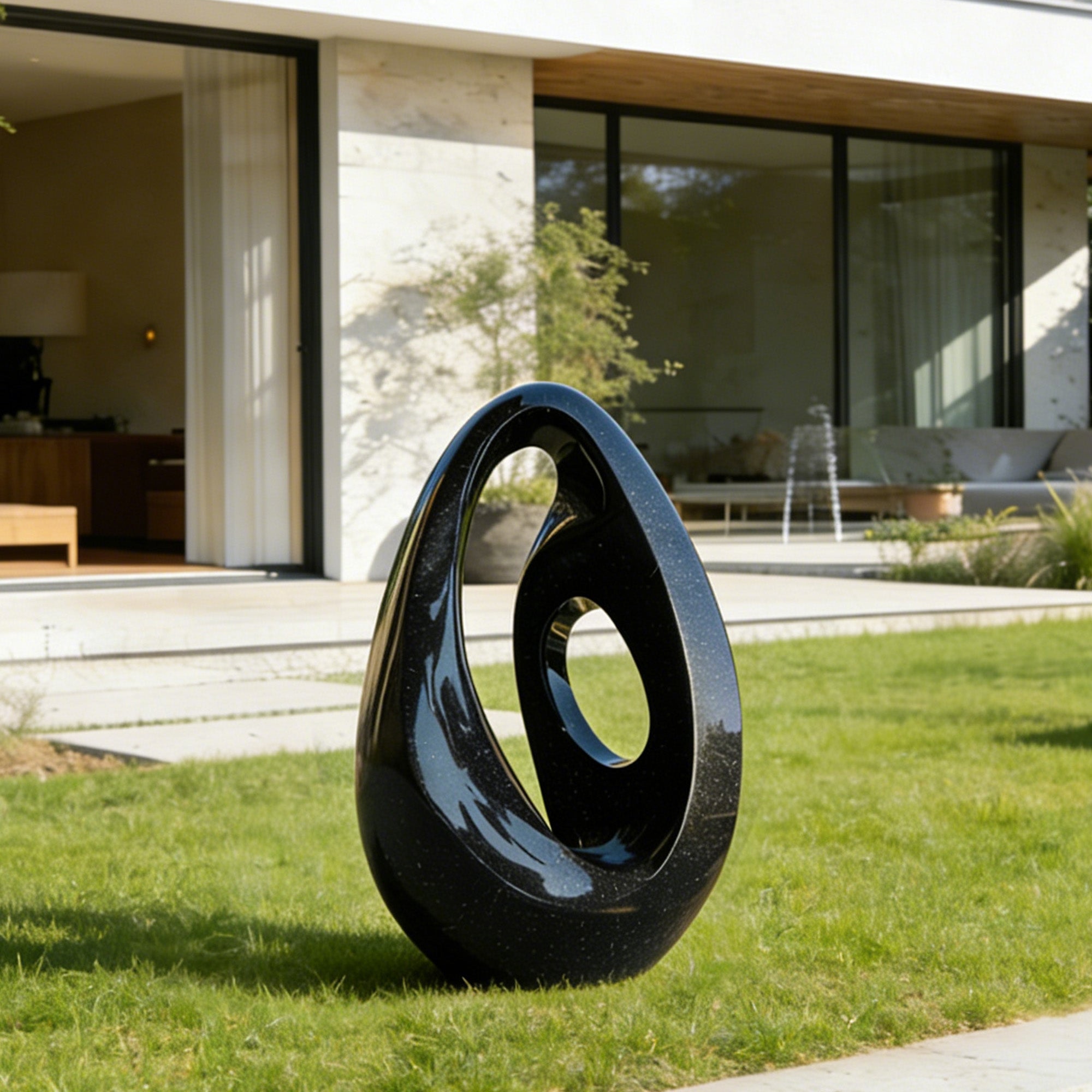 Polished black stainless steel abstract sculpture displayed in a sleek, modern garden, creating a dramatic focal point amidst contemporary landscaping. Perfect for luxury outdoor spaces and high-end design environments.