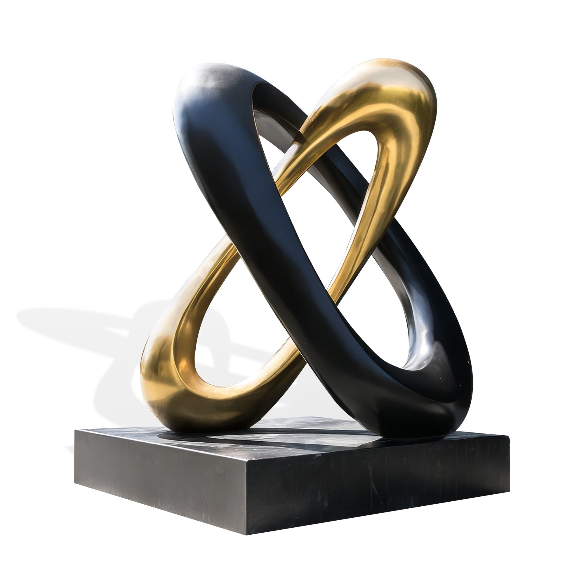 Modern abstract stainless steel sculpture in black and gold, featuring intertwined rings on a square black base.