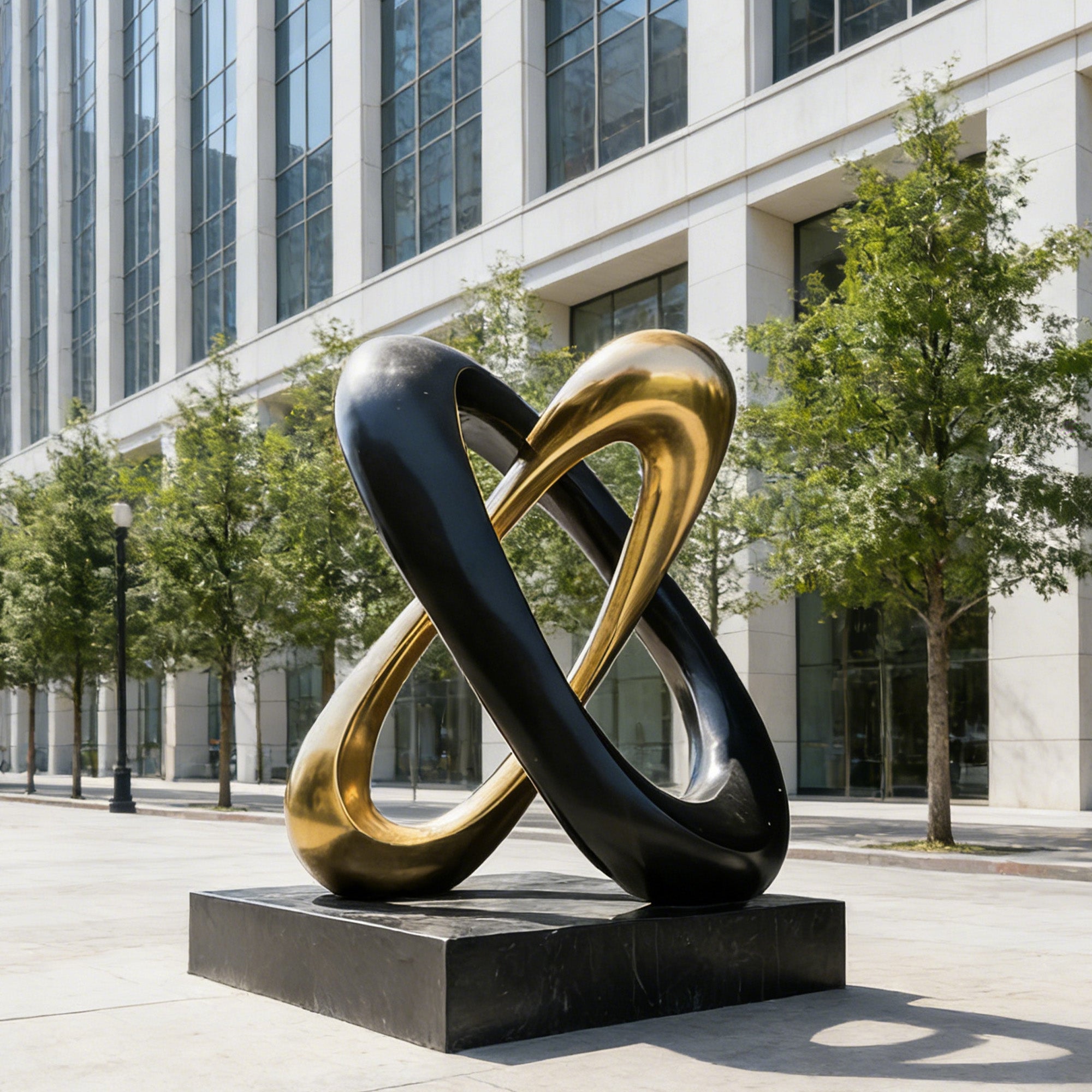 Contemporary black and gold stainless steel sculpture displayed in an urban plaza with trees and buildings in the background.