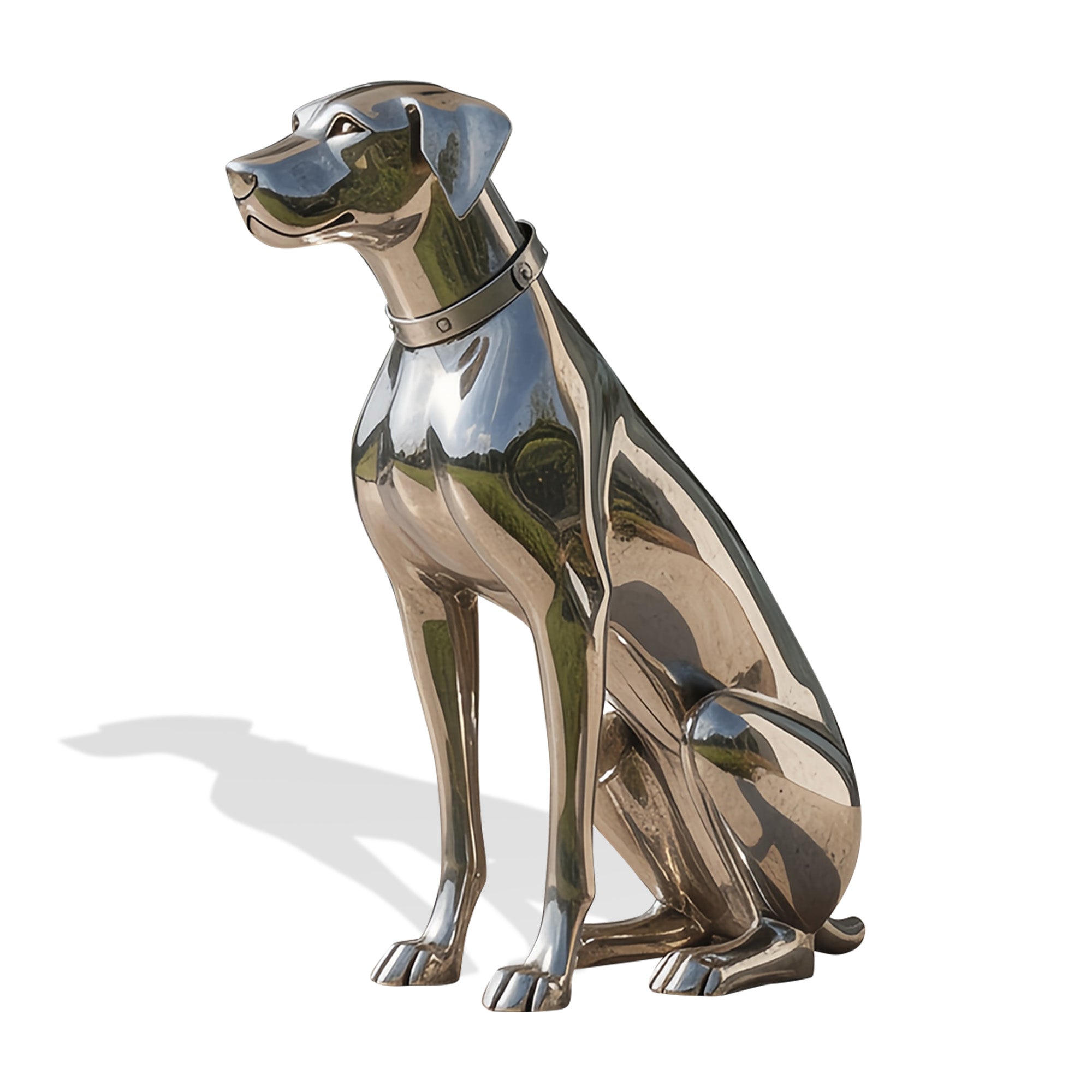 Stainless steel abstract dog sculpture with polished finish, showcasing a modern, sleek design. Ideal for luxury home decor and contemporary pet-themed artwork.