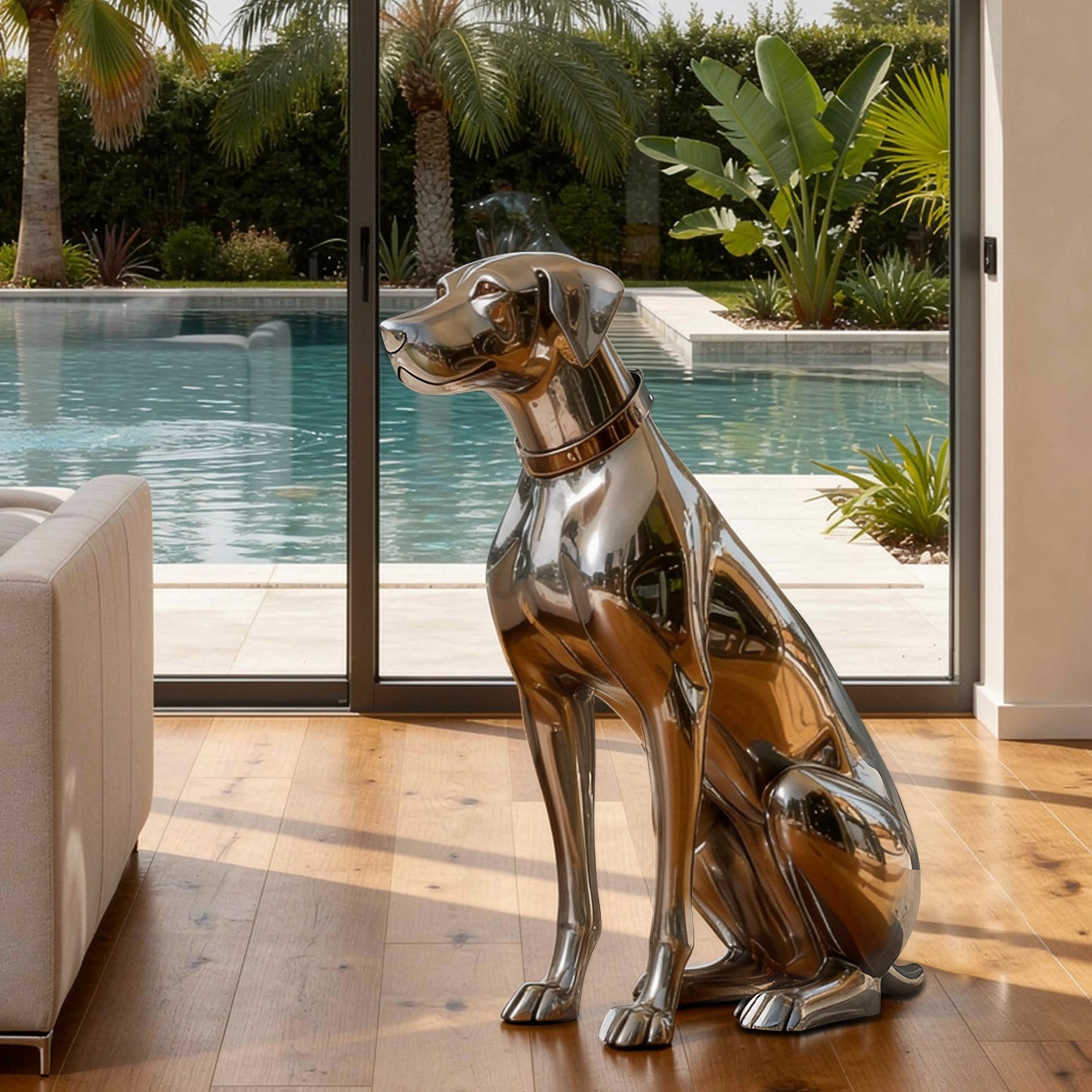 Contemporary stainless steel dog sculpture placed in a modern interior, bringing a sophisticated pet-inspired art piece to upscale living spaces.