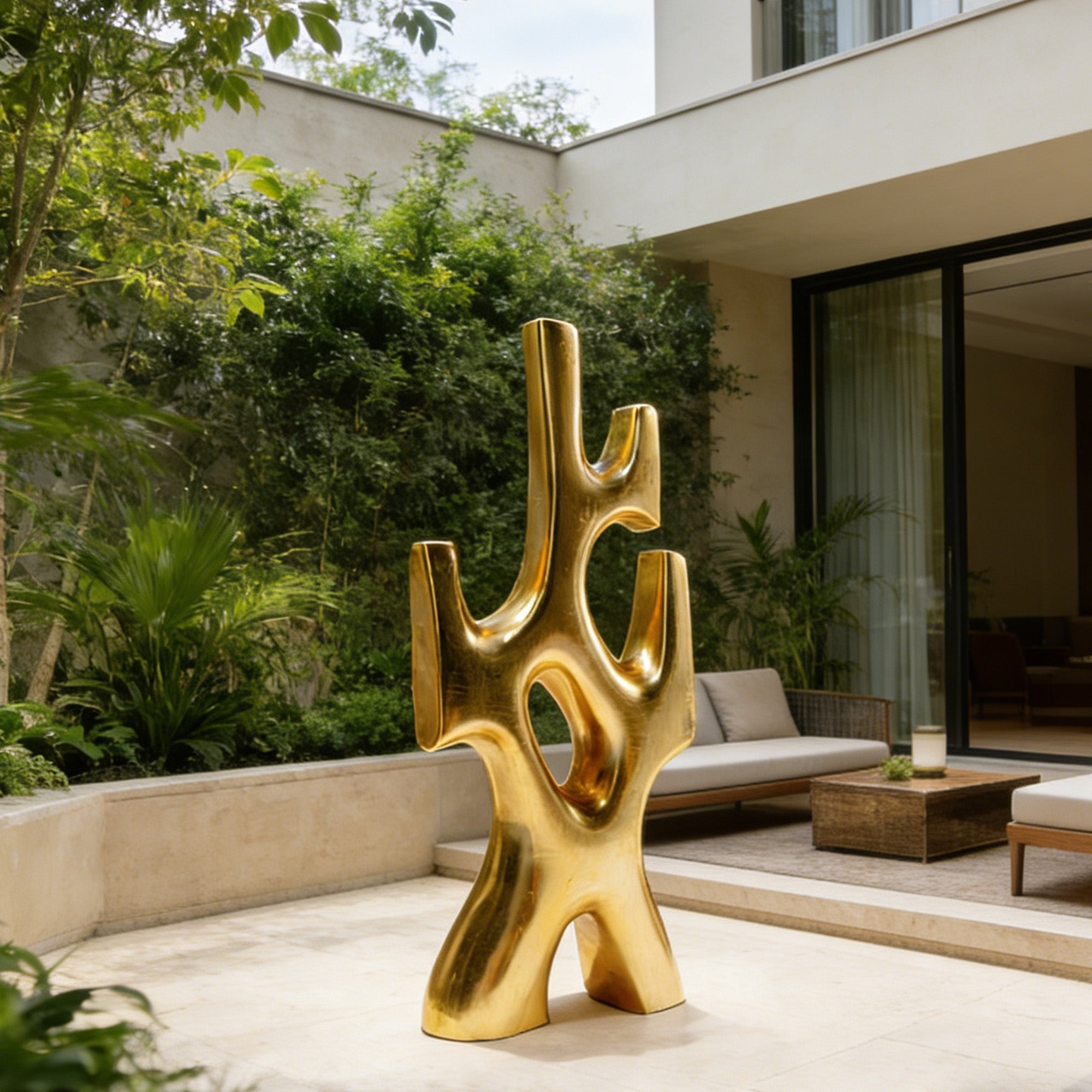 Contemporary abstract stainless steel sculpture with a golden bronze finish, placed in a modern garden setting, creating a striking focal point for outdoor spaces.