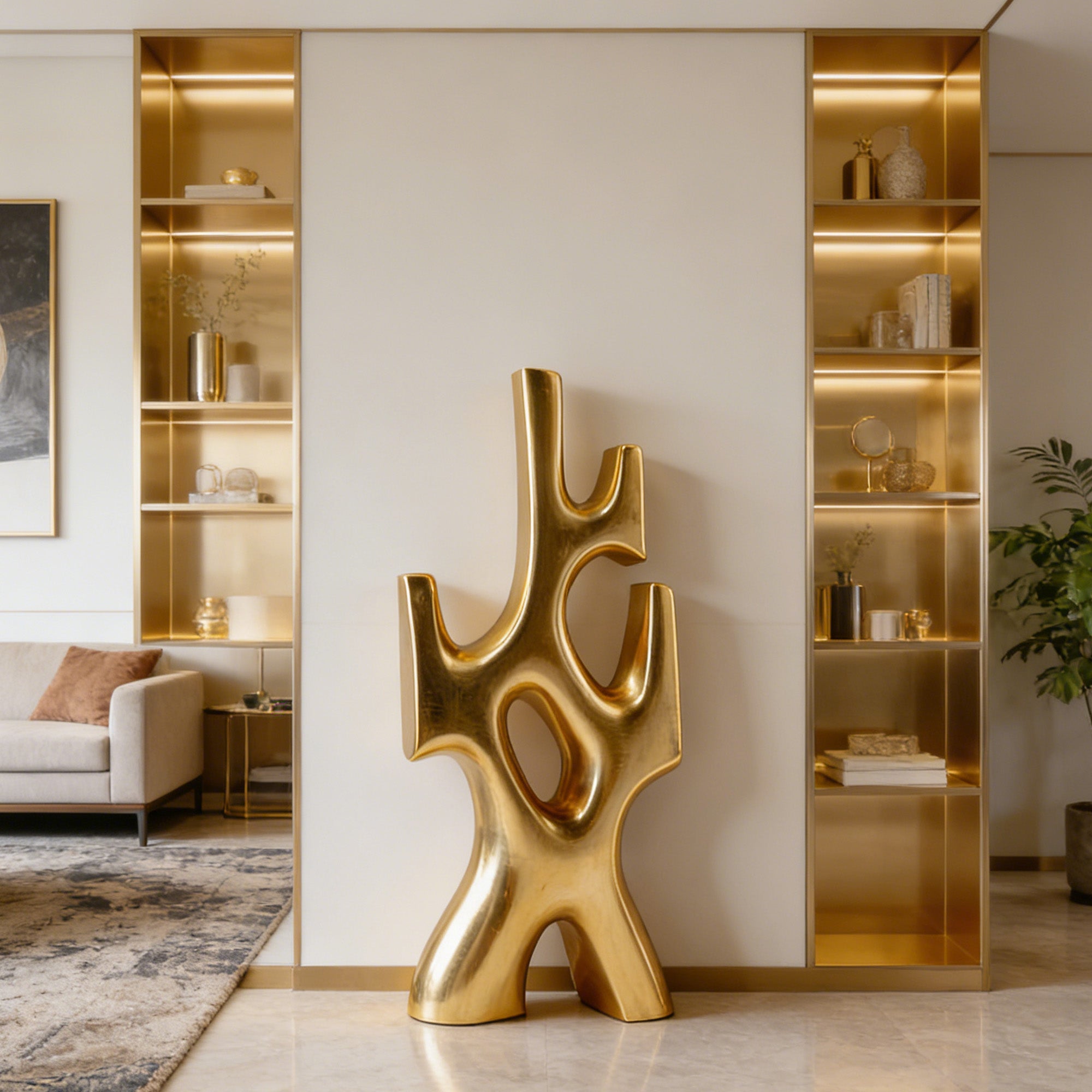 Abstract stainless steel sculpture with golden bronze finish, positioned in a stylish living room, bringing an elegant, modern touch to interior spaces.