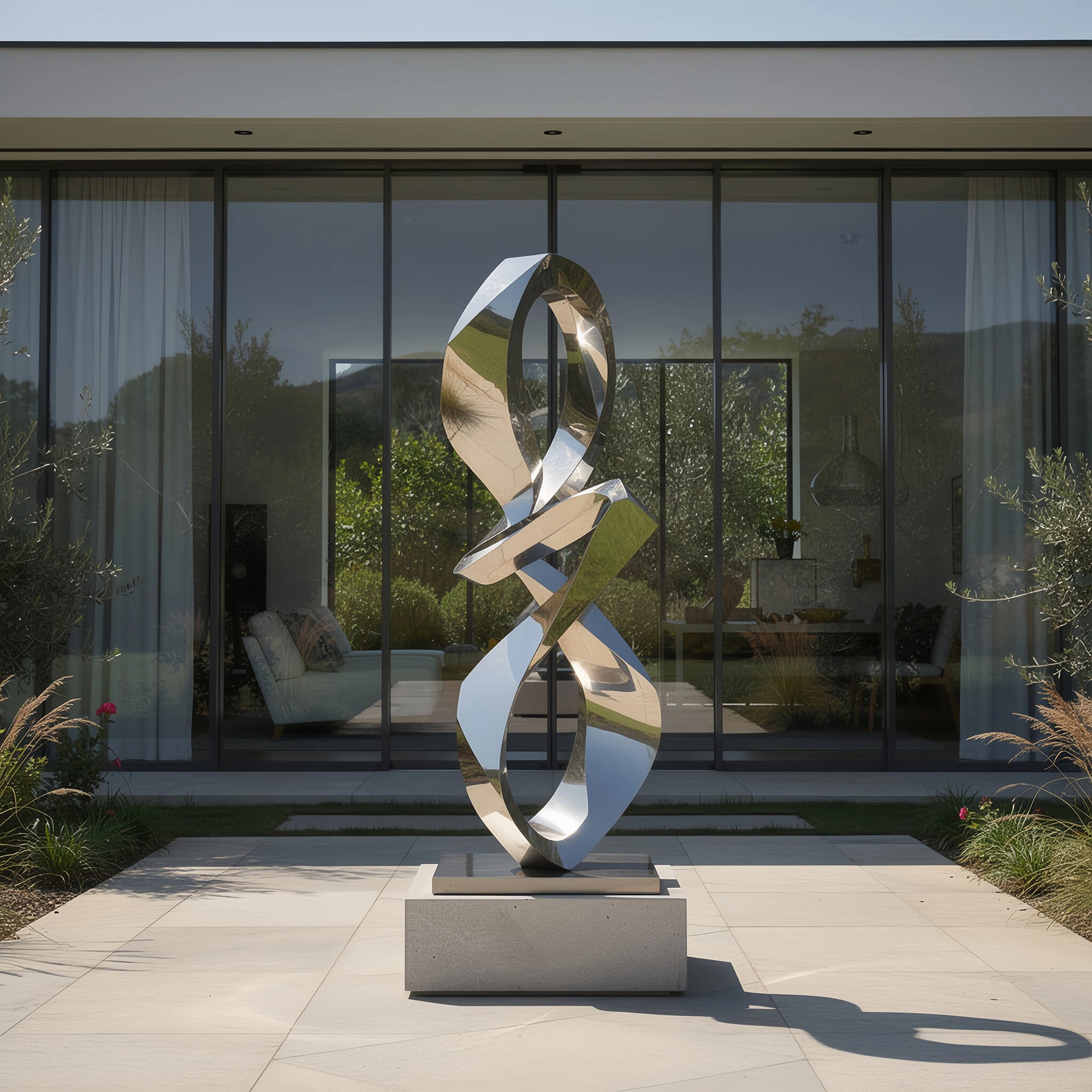 Sleek stainless steel abstract sculpture with mirrored finish, displayed outdoors in a contemporary garden setting, adding a modern artistic focal point to the landscape.