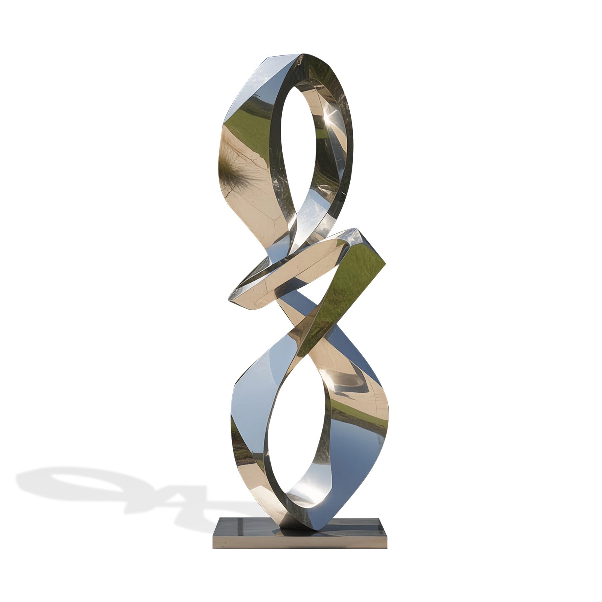 Polished stainless steel abstract sculpture with clean, flowing lines and a reflective surface, shown on a white background.