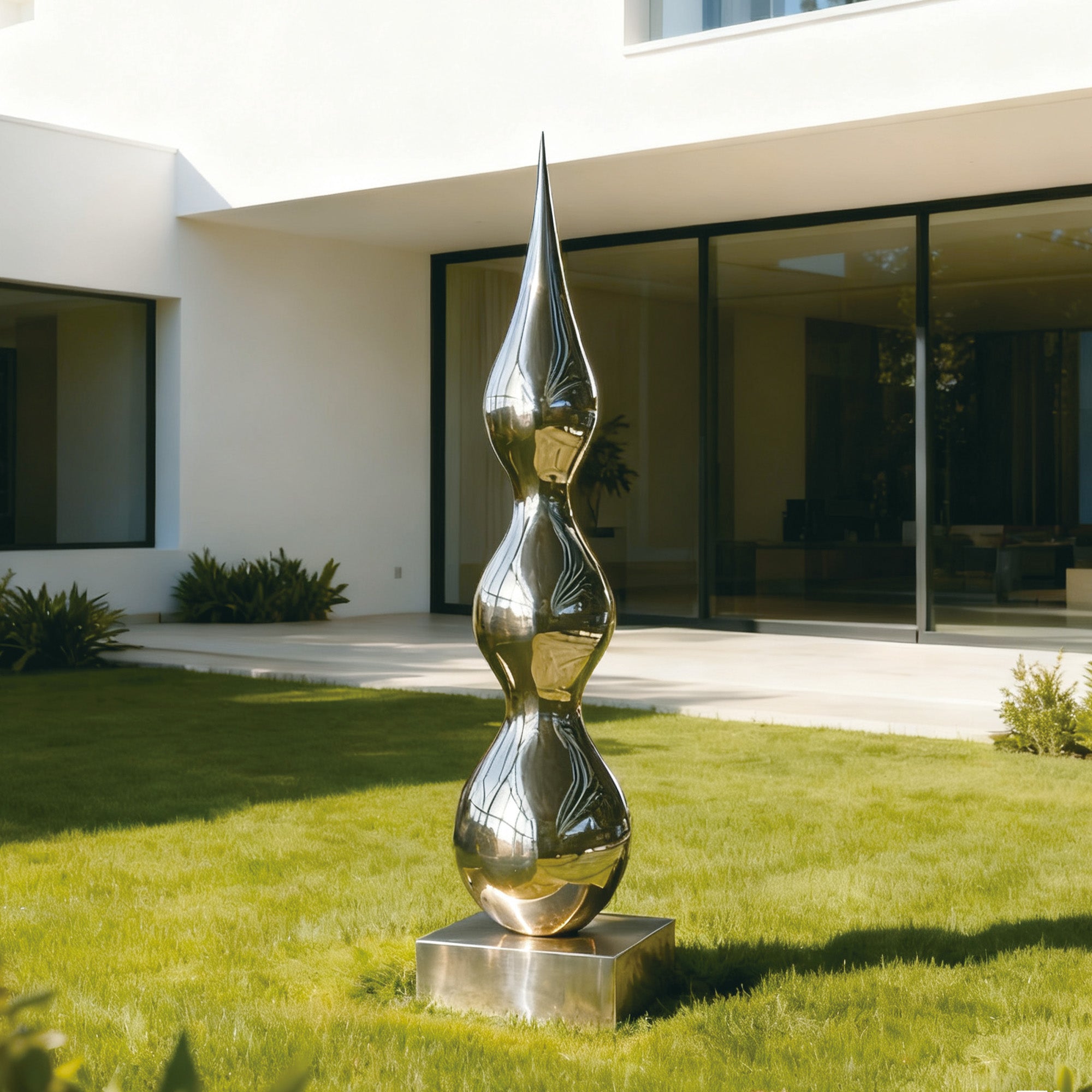 Modern sculpture in front of a modern house