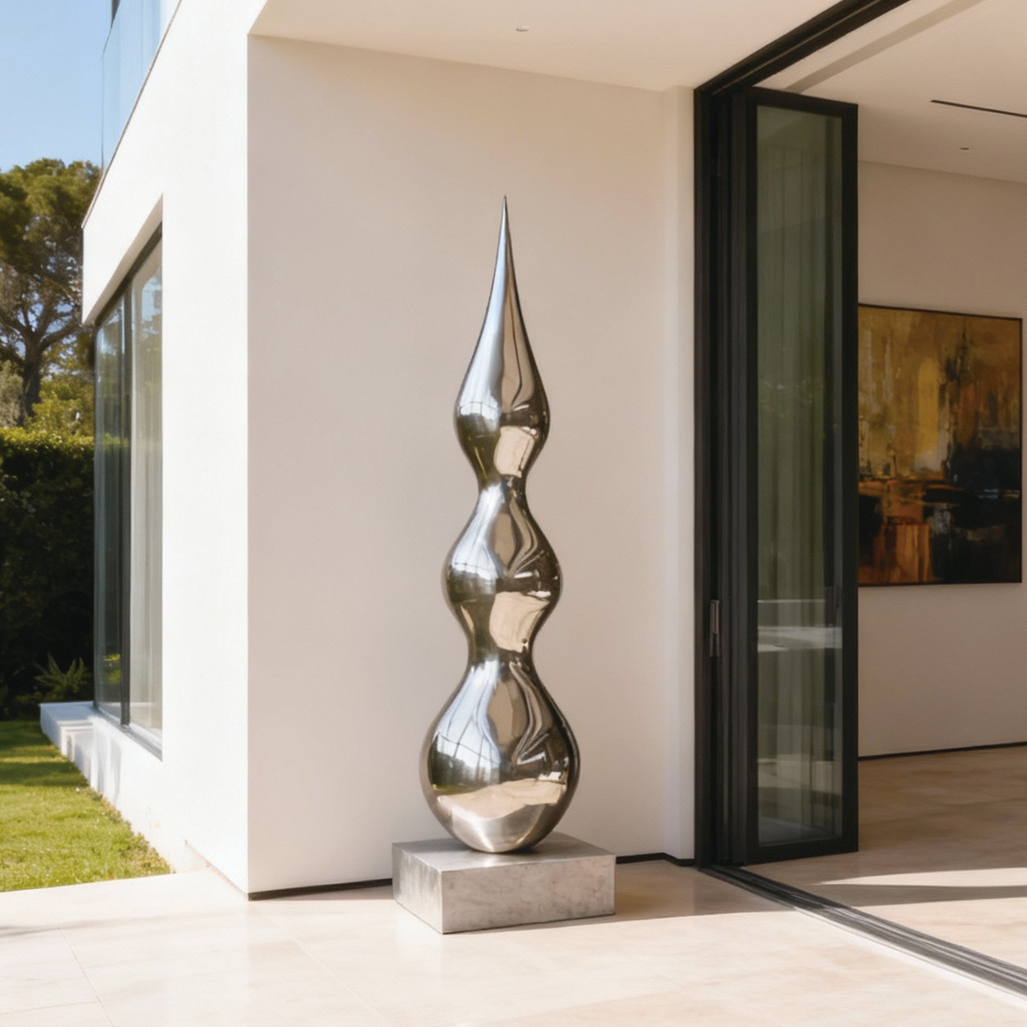 Modern sculpture in front of a modern house with large windows