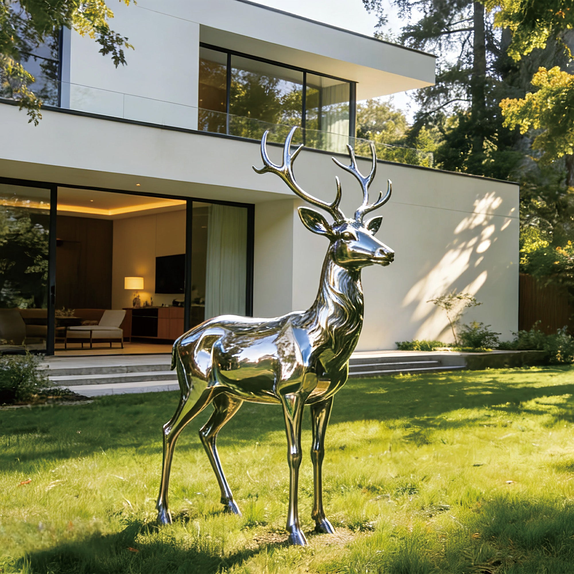 Mirror finish stainless steel deer statue in front of a modern house