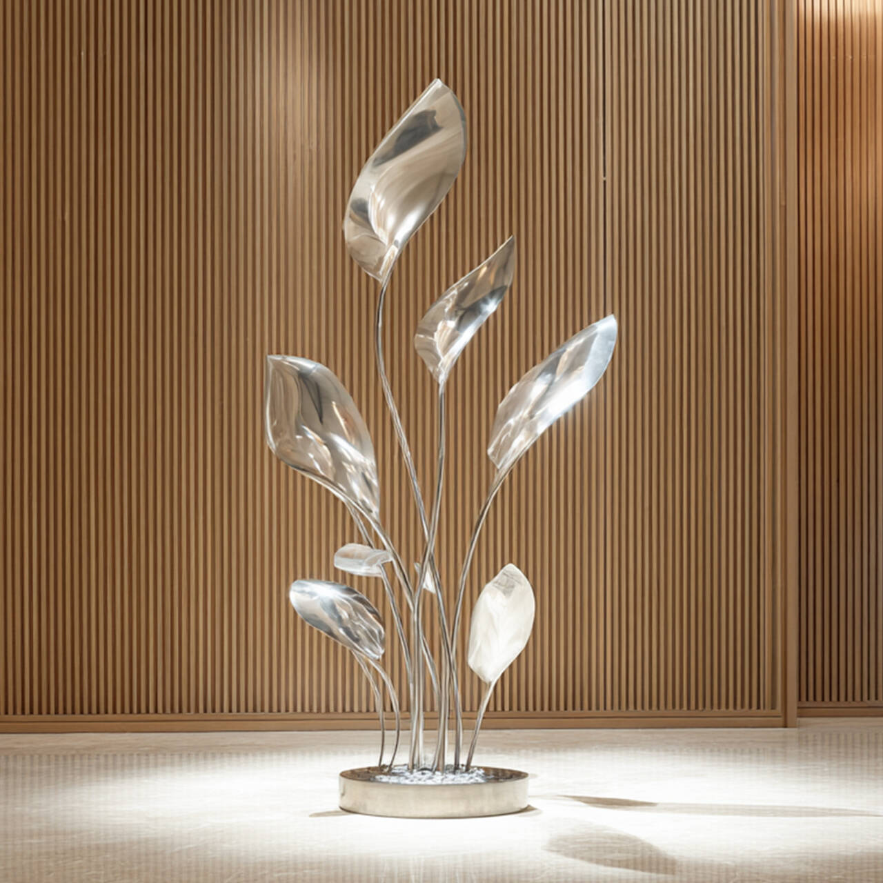 Serenity Flowing Leaf Custom Floor Sculpture in a lobby