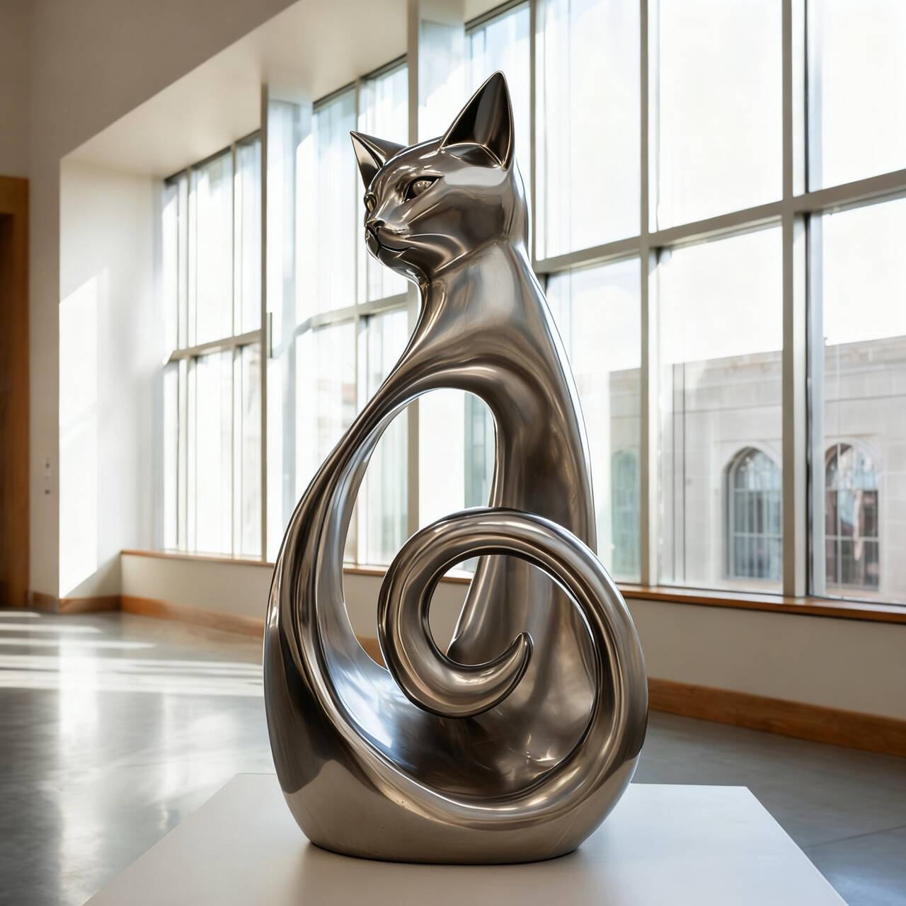 Stainless Steel cat sculpture in a modern indoor setting with large windows.