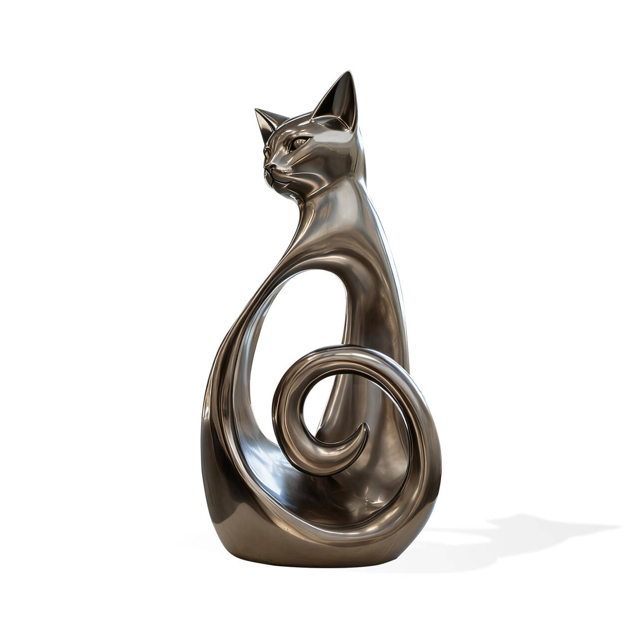 stainless steel cat sculpture on a white background