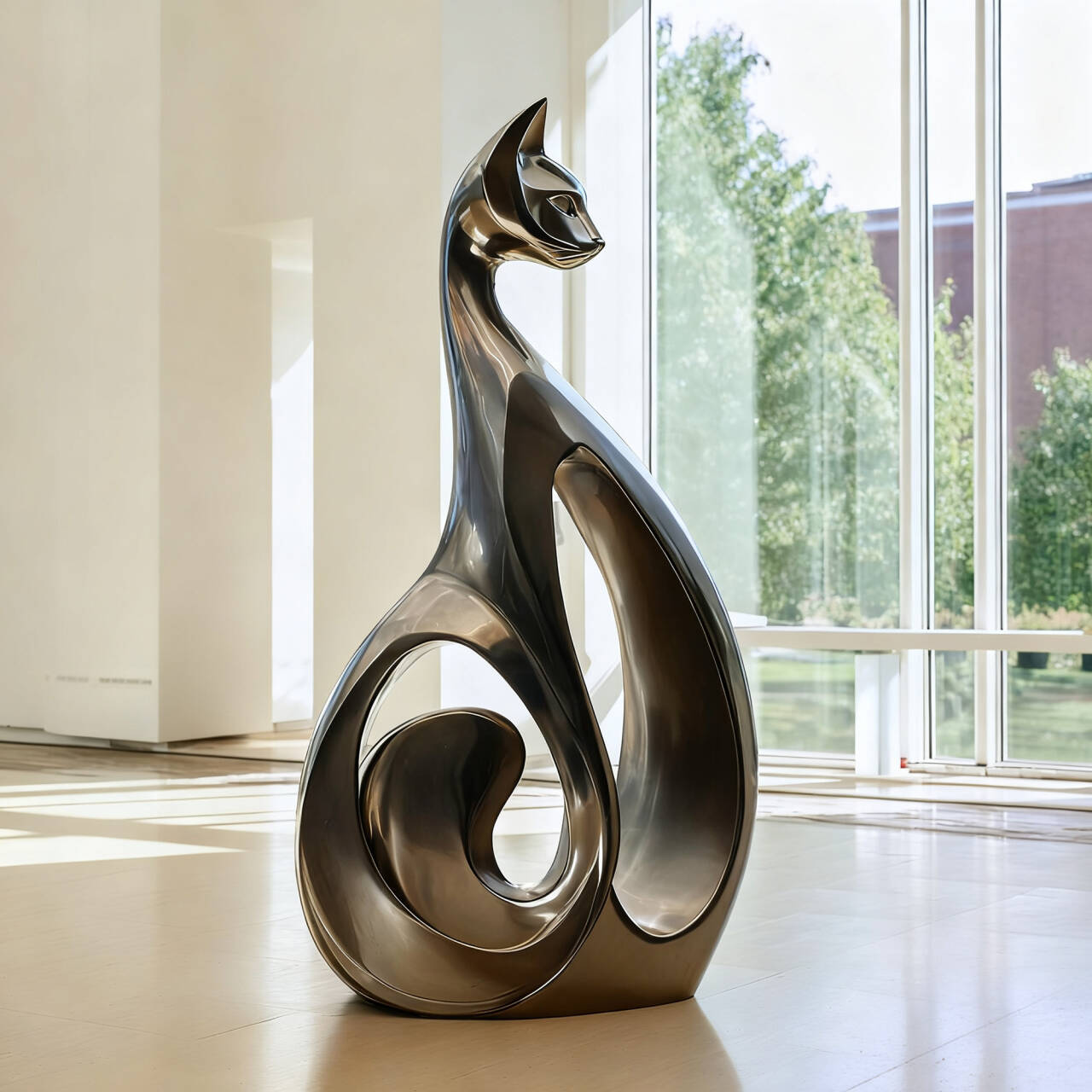 Modern metallic cat sculpture in a room with large windows