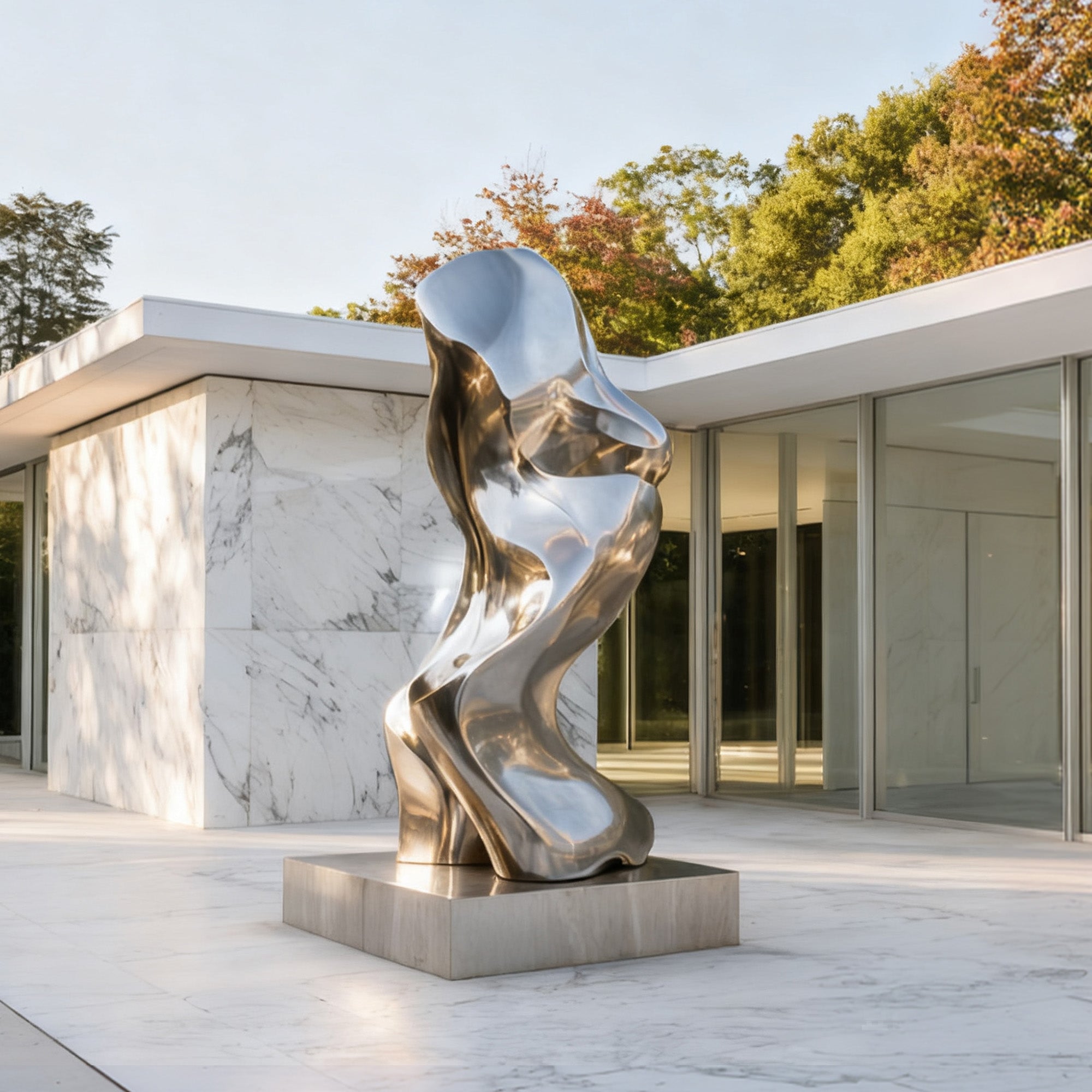 Modern sculpture in front of a minimalist building with trees in the background