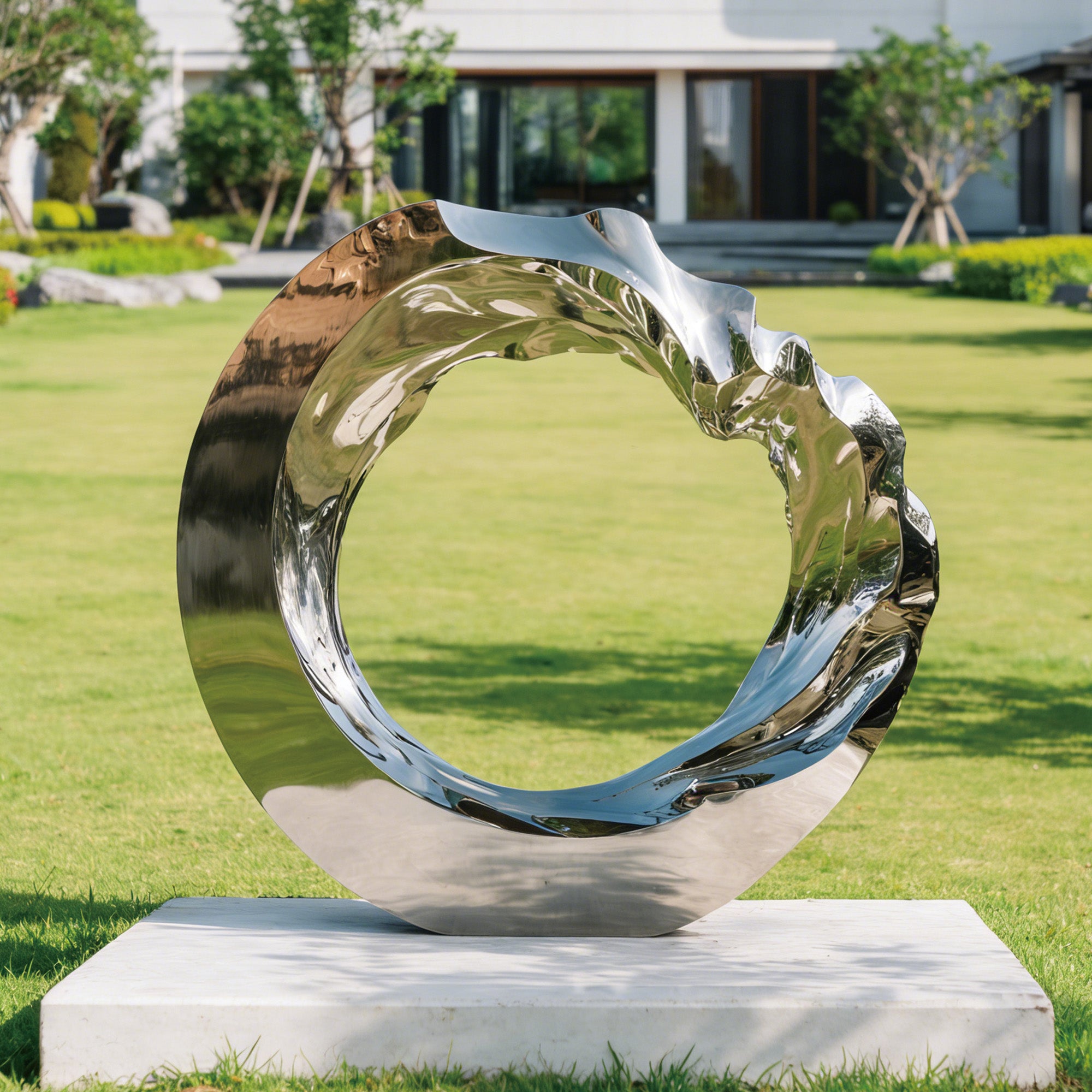 Modern metal sculpture on a pedestal in an outdoor setting with green grass and trees.
